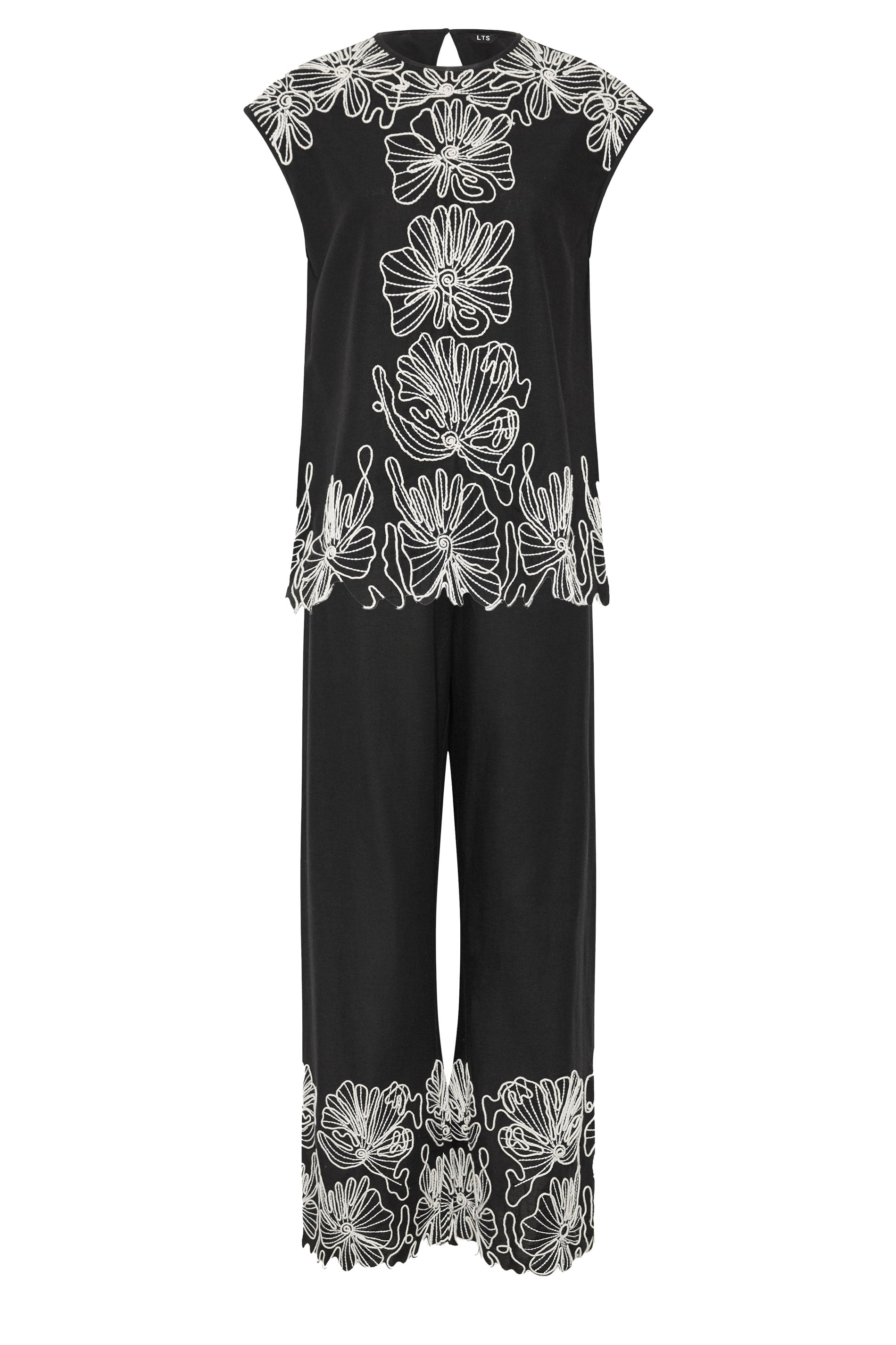 LTS Tall Women's Set Black Floral Embroidered Linen Top & Trousers Set | Long Tall Sally  8
