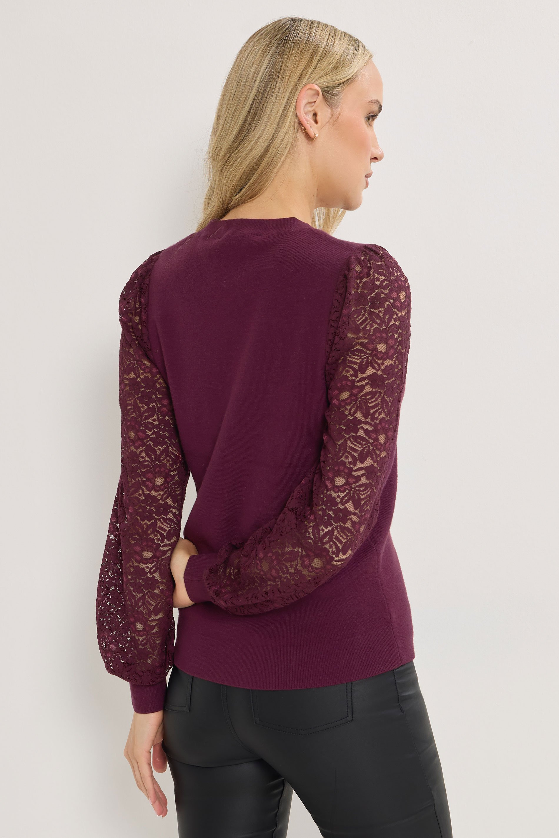 LTS Tall Burgundy Red Lace Sleeve Knit Jumper | Long Tall Sally 4