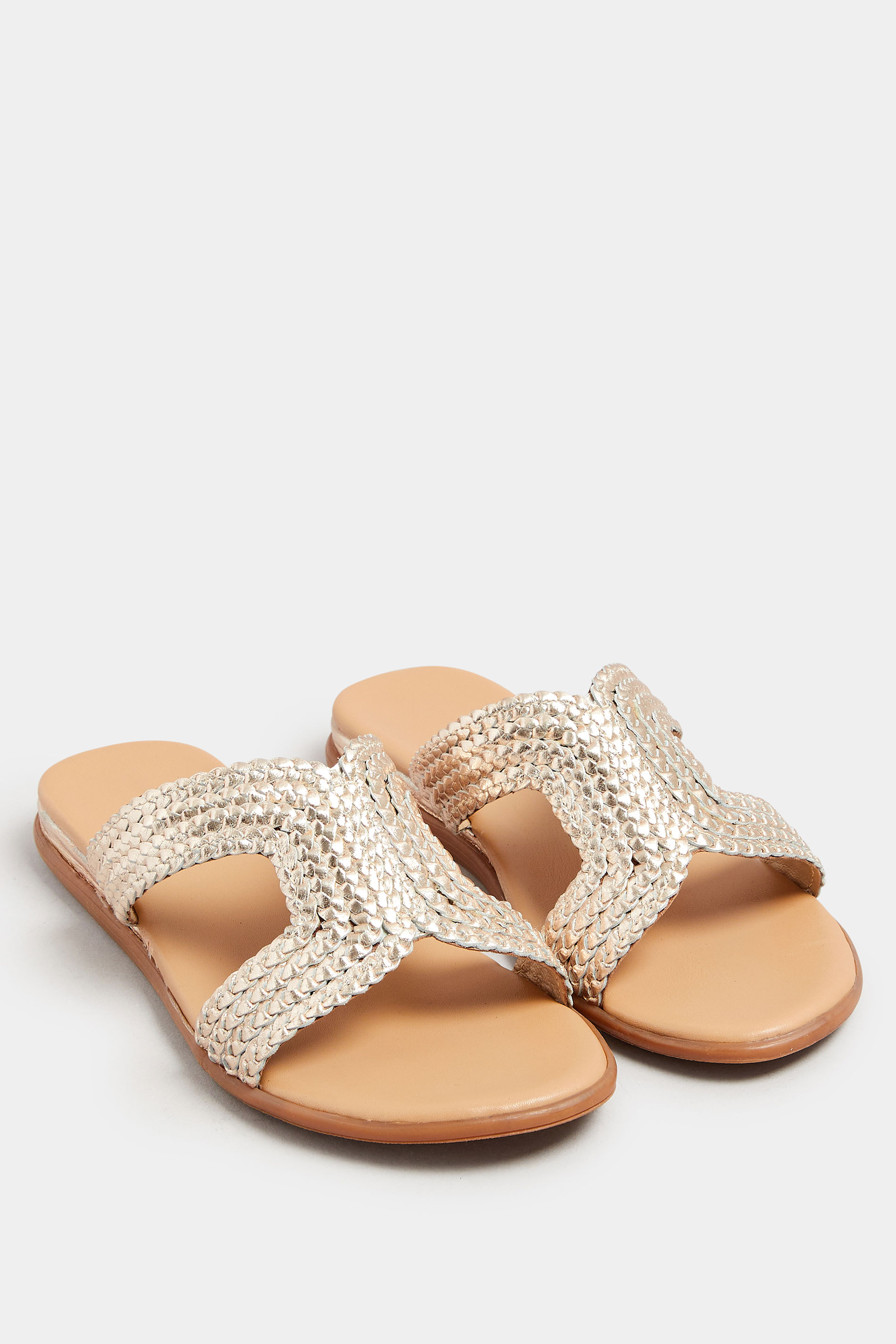 Gold Leather Woven Wedge Mule Sandals In Extra Wide EEE Fit | Yours Curve 2