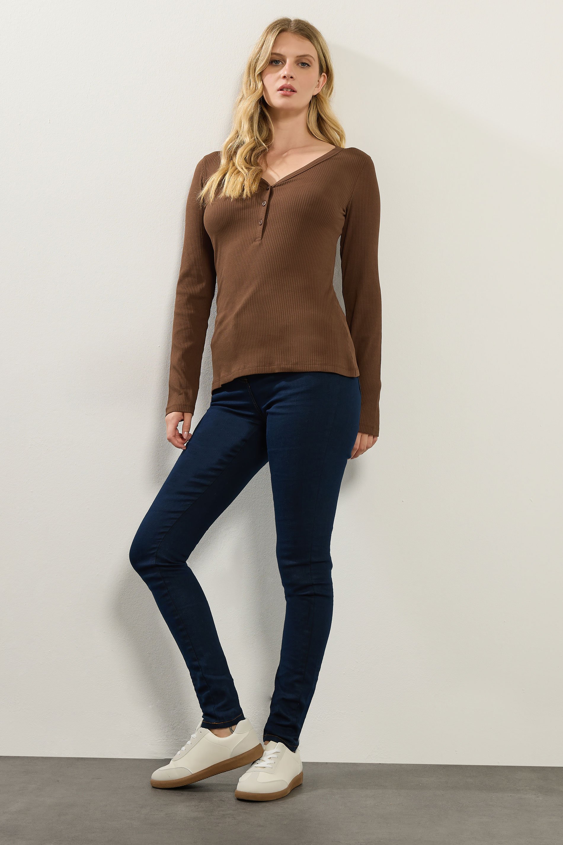 LTS Tall Chocolate Brown Cotton Ribbed Henley Top | Long Tall Sally 3