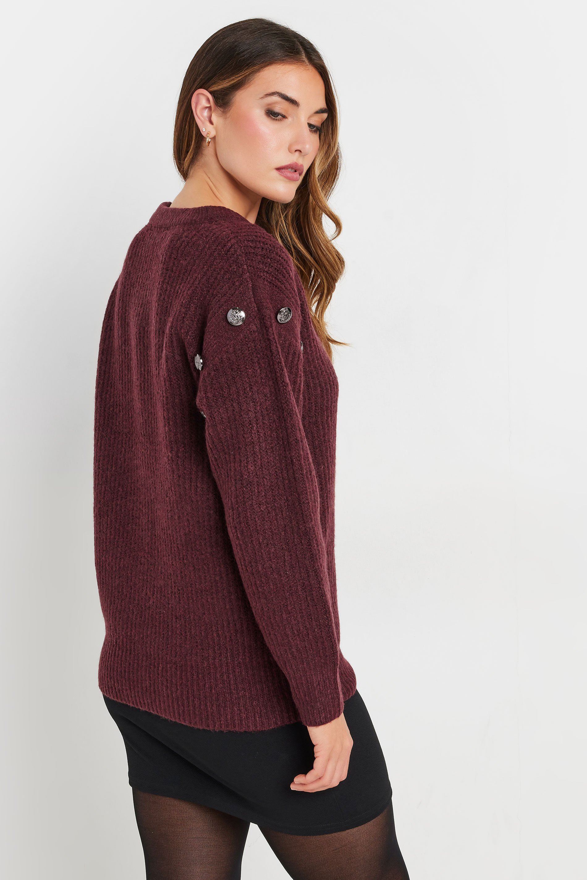 LTS Tall Burgundy Red Knitted Button Jumper | Long Tall Sally 3