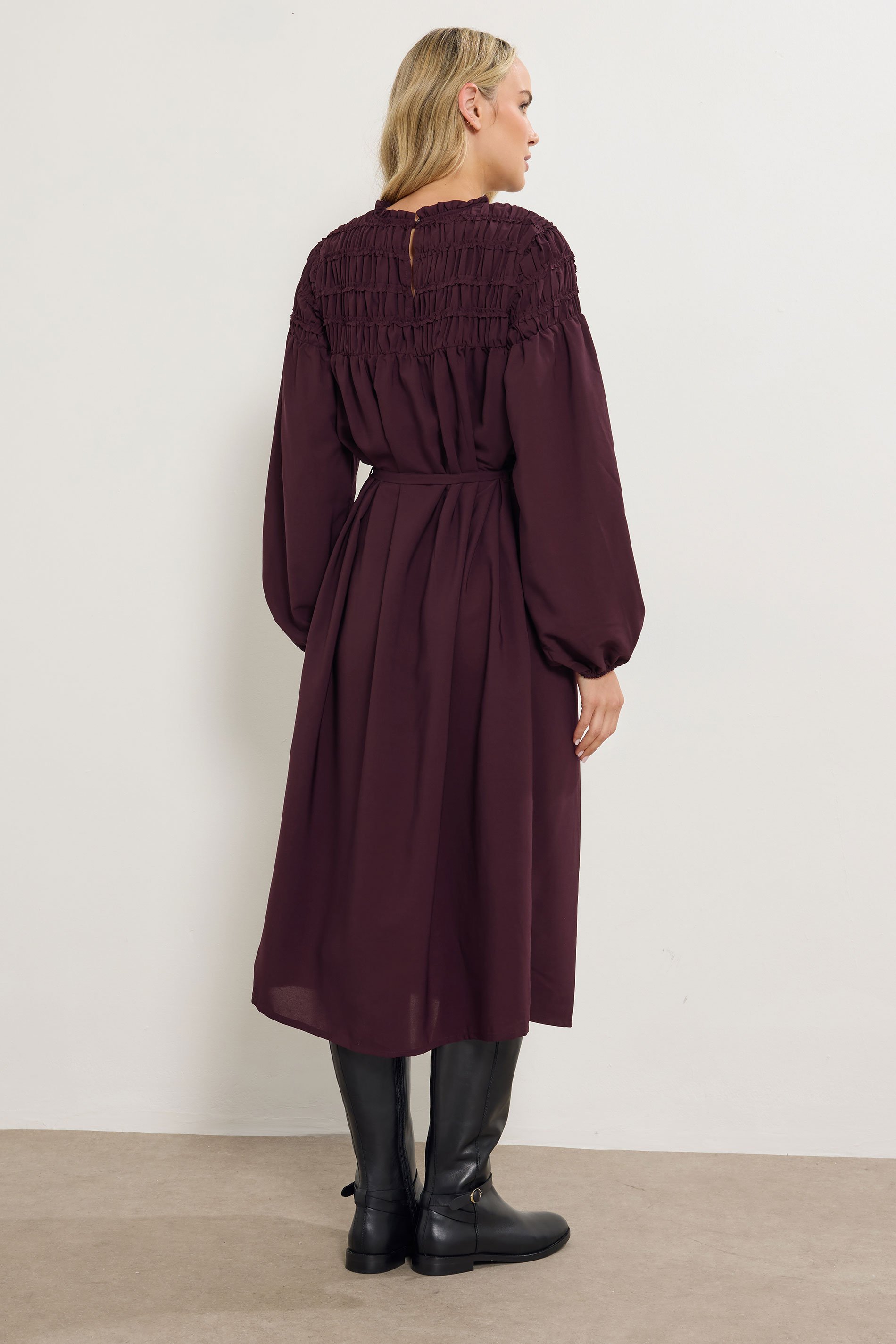 LTS Tall Burgundy Red Shirred Long Sleeve Midi Dress | Long Tall Sally 4