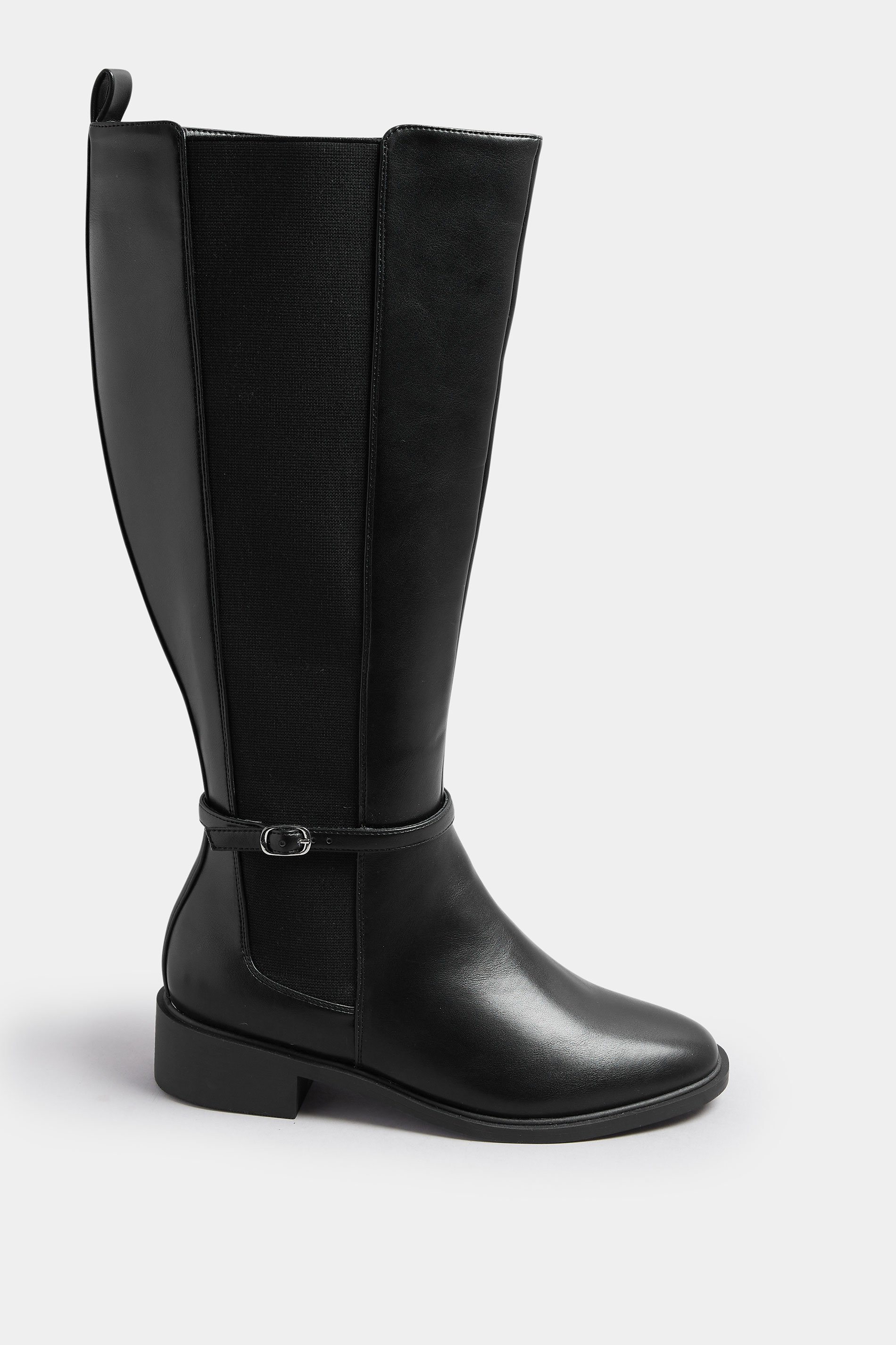 Black Faux Leather Buckle Knee High Riding Boots In Extra Wide EEE Fit | Yours Clothing 3