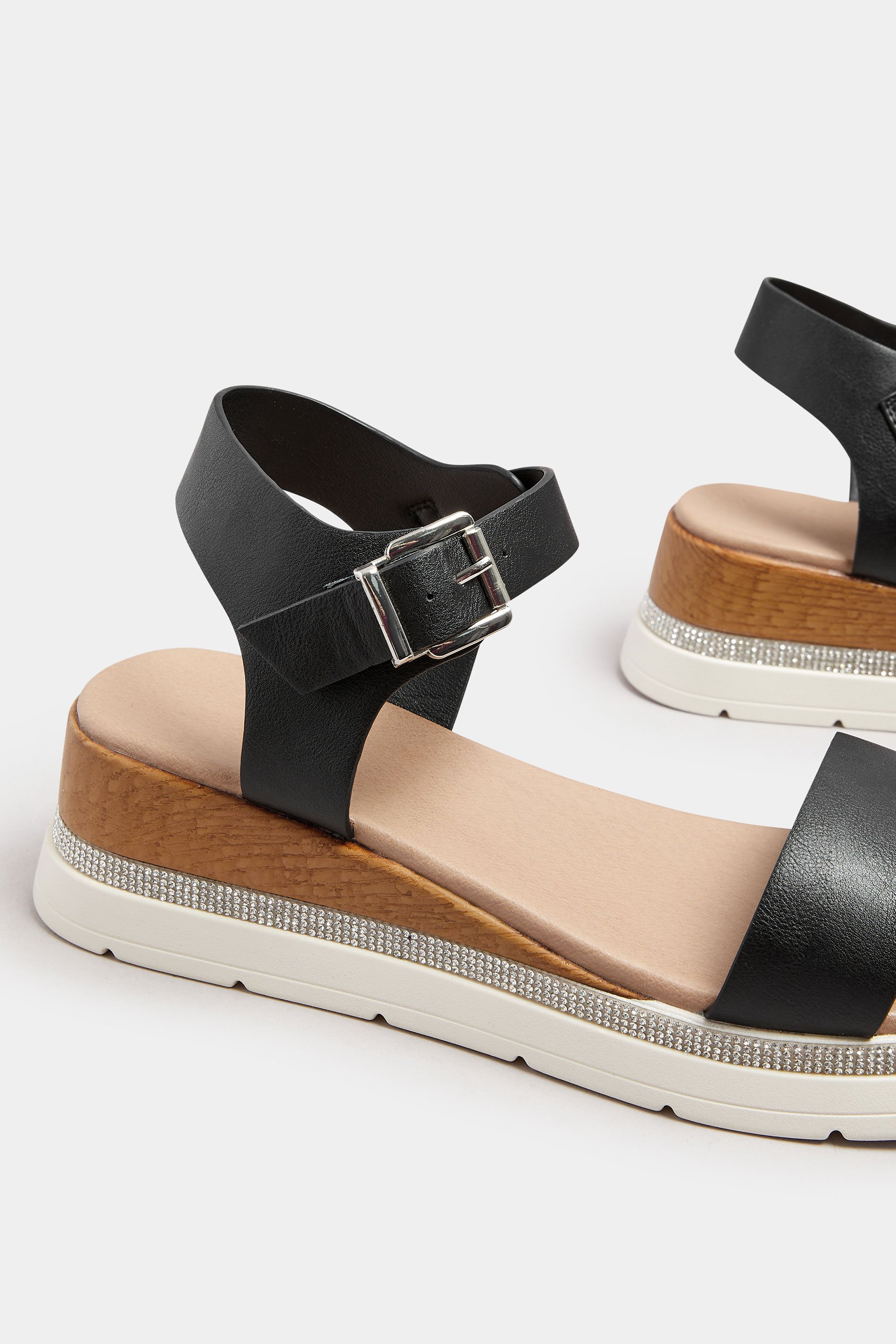 Black Diamante Flatform Sandals In Wide E Fit & Extra Wide EEE Fit | Yours Clothing 5