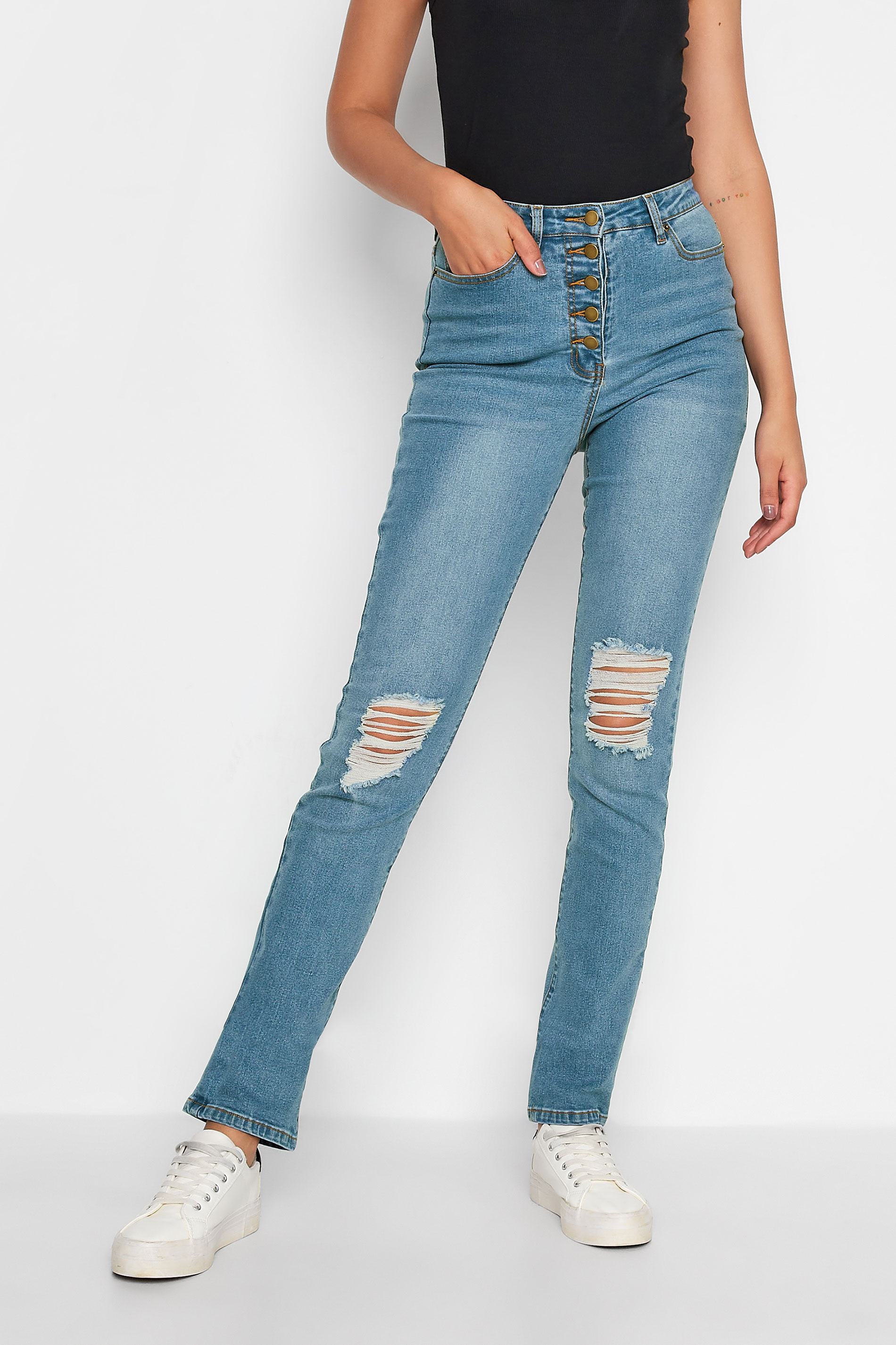 LTS Tall Women's Blue Button Fly Distressed Slim Jeans | Long Tall Sally 1