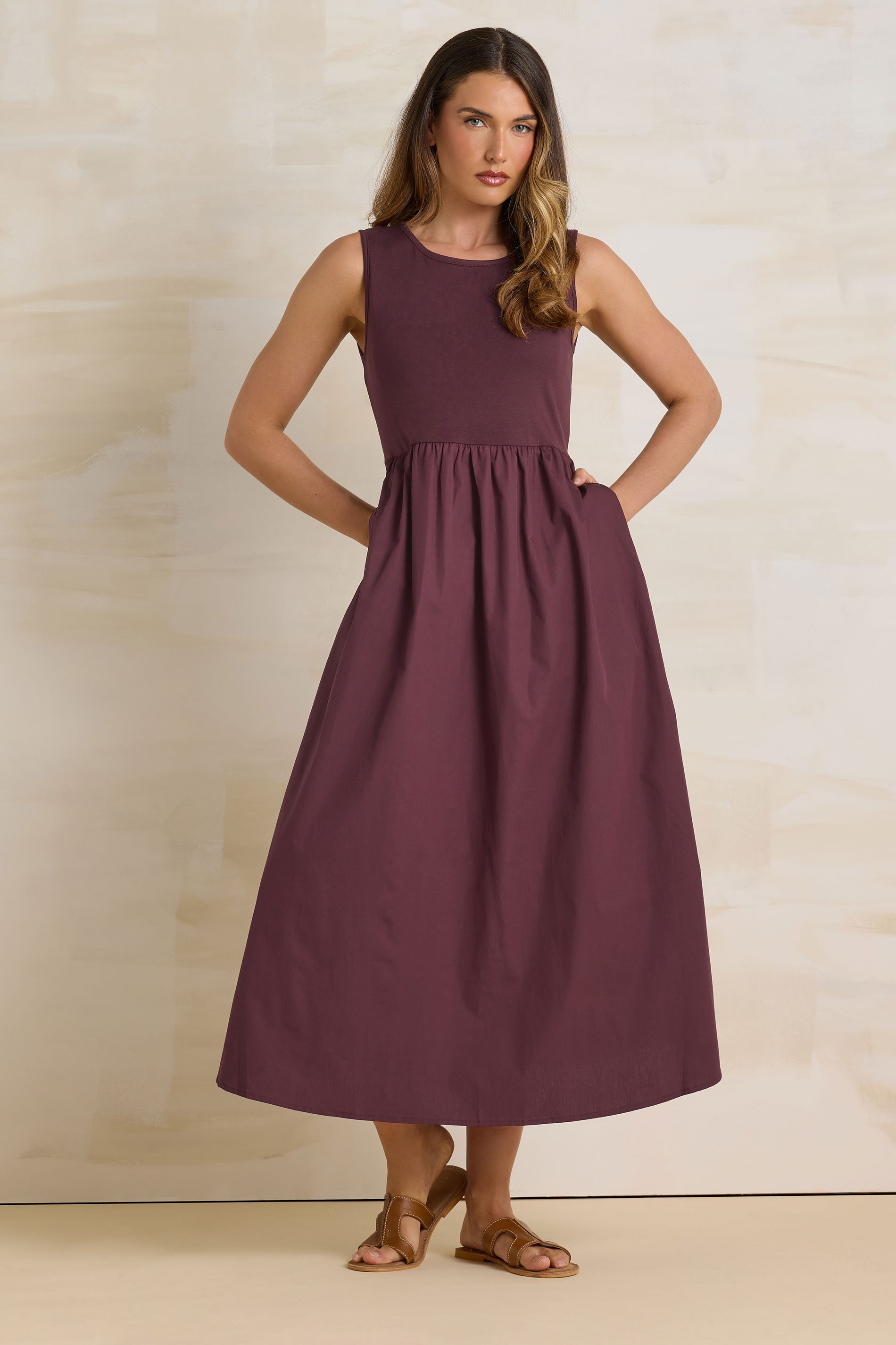 LTS Tall Burgundy Red Jersey & Woven Mix Fabric Midi Dress | Long Tall Sally 2