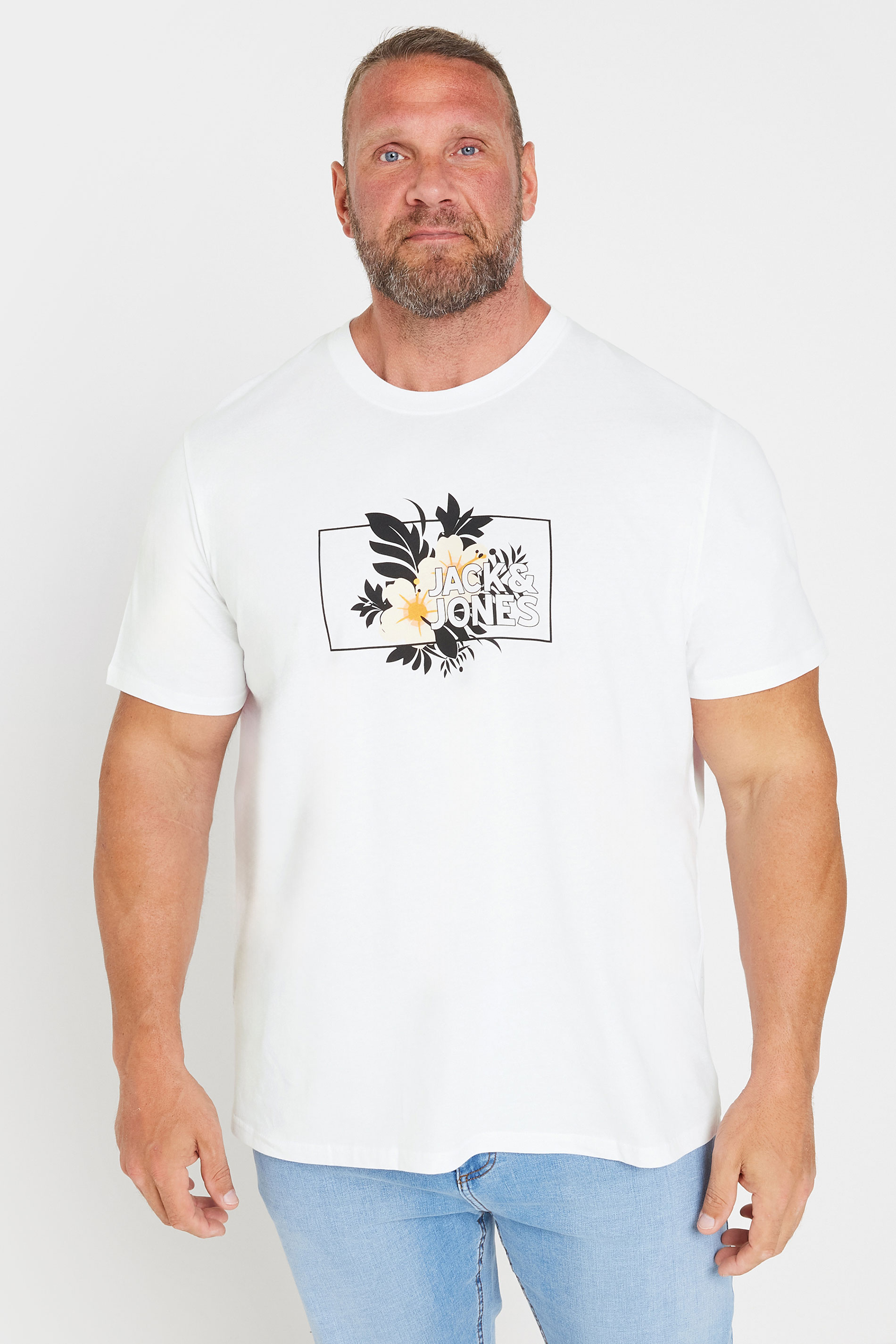 JACK & JONES White Floral Logo Crew Neck T-Shirt | BadRhino 1