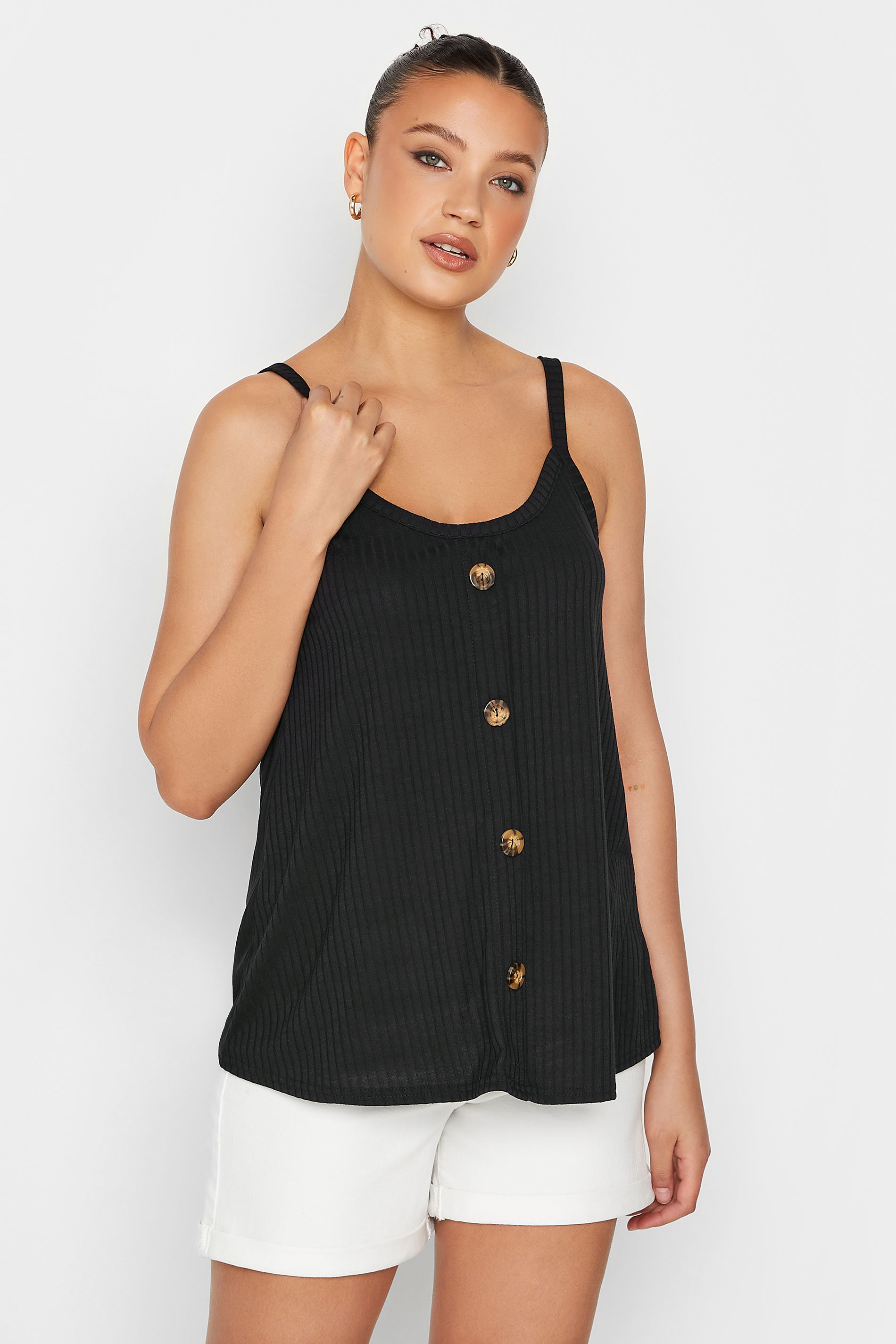 LTS Tall Black Ribbed Button Cami Vest Top