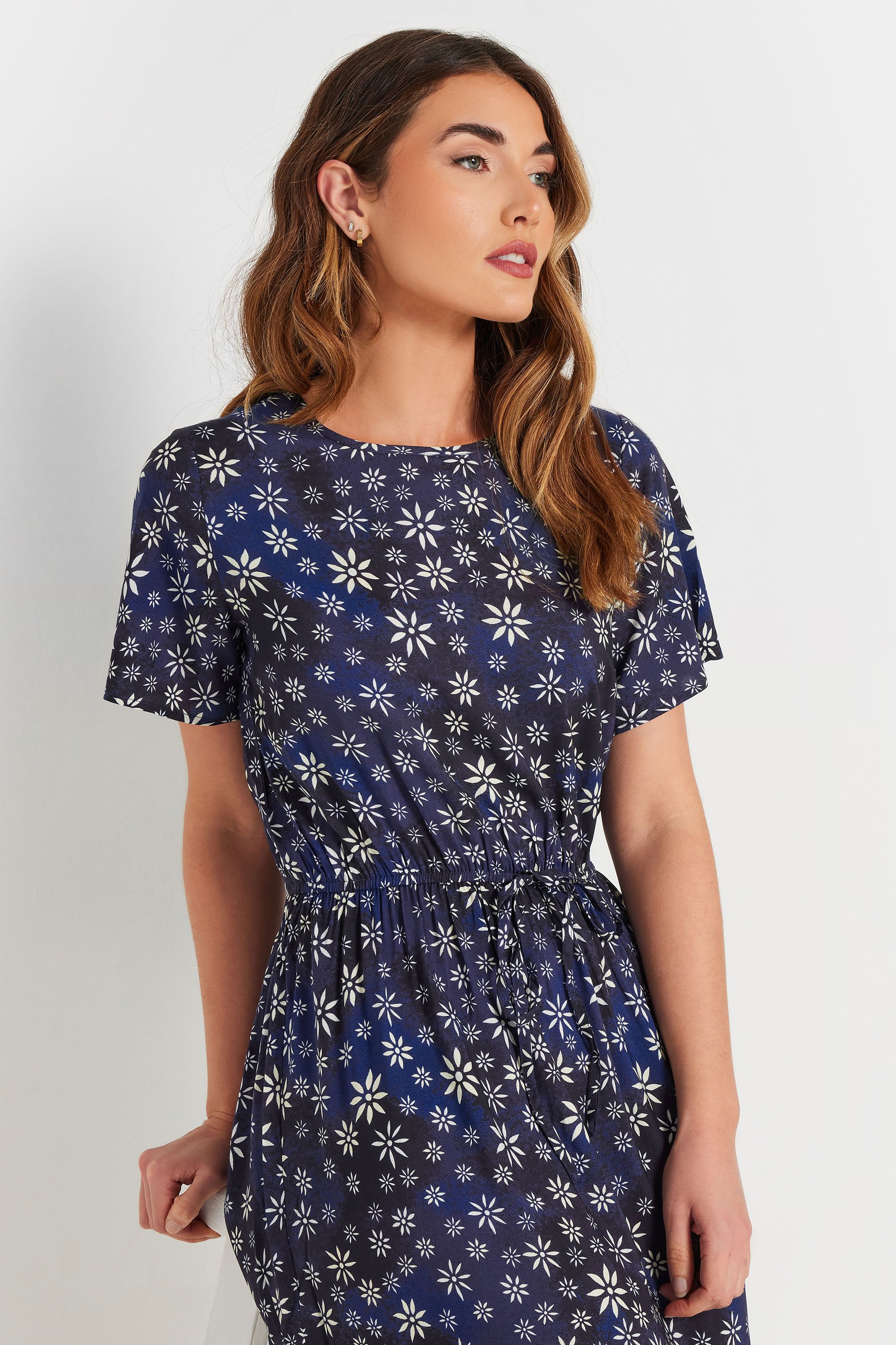 LTS Tall Navy Blue Woven Ditsy Floral Tie Waist Dress | Long Tall Sally 4