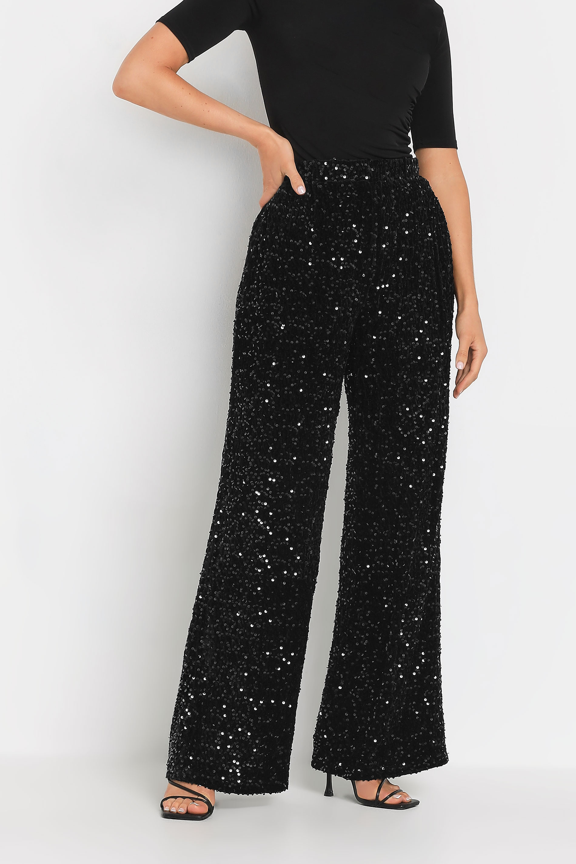LTS Tall Black Velvet Sequin Trousers | Long Tall Sally 3