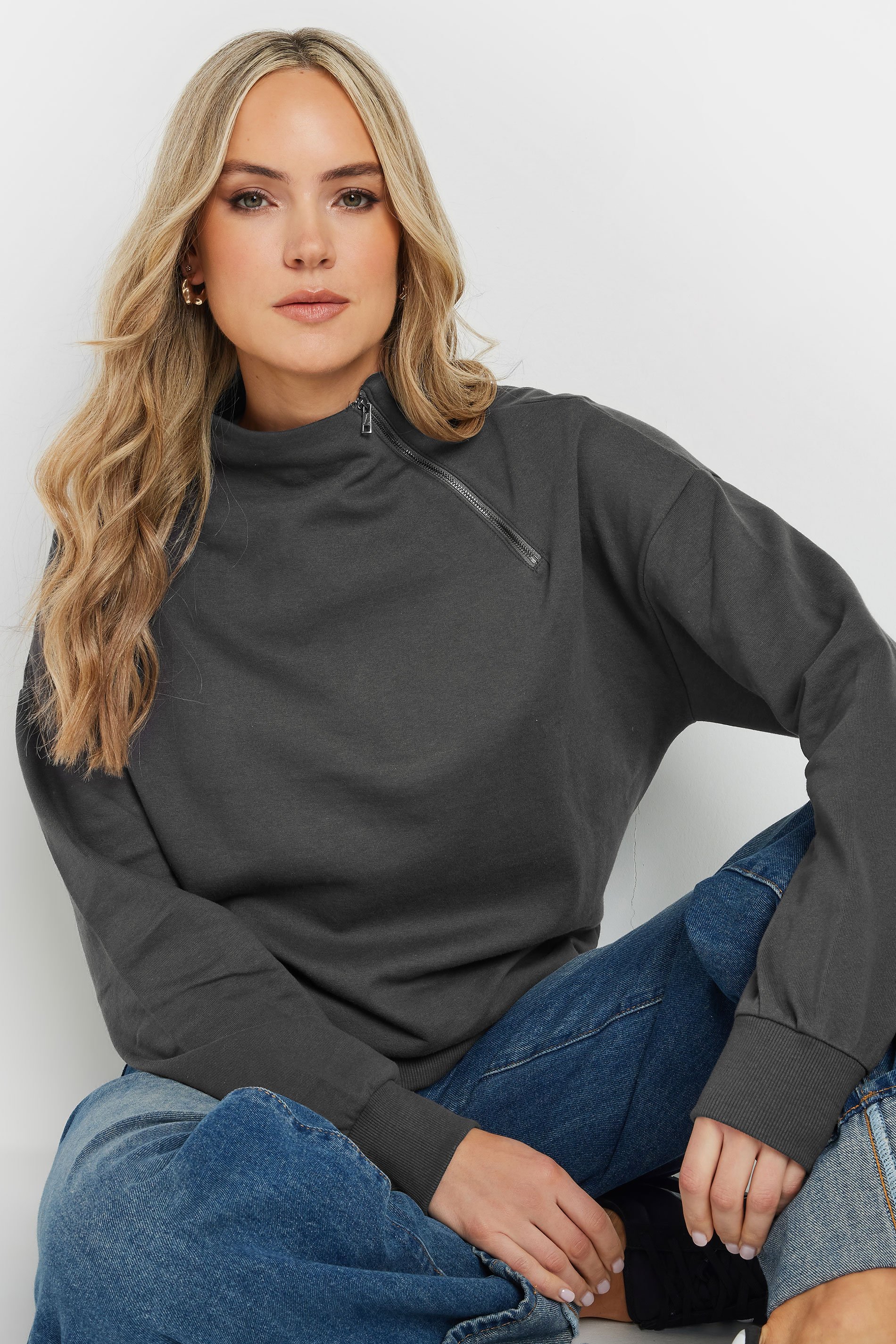 LTS Tall Charcoal Grey High Zip Neck Sweatshirt | Long Tall Sally 2