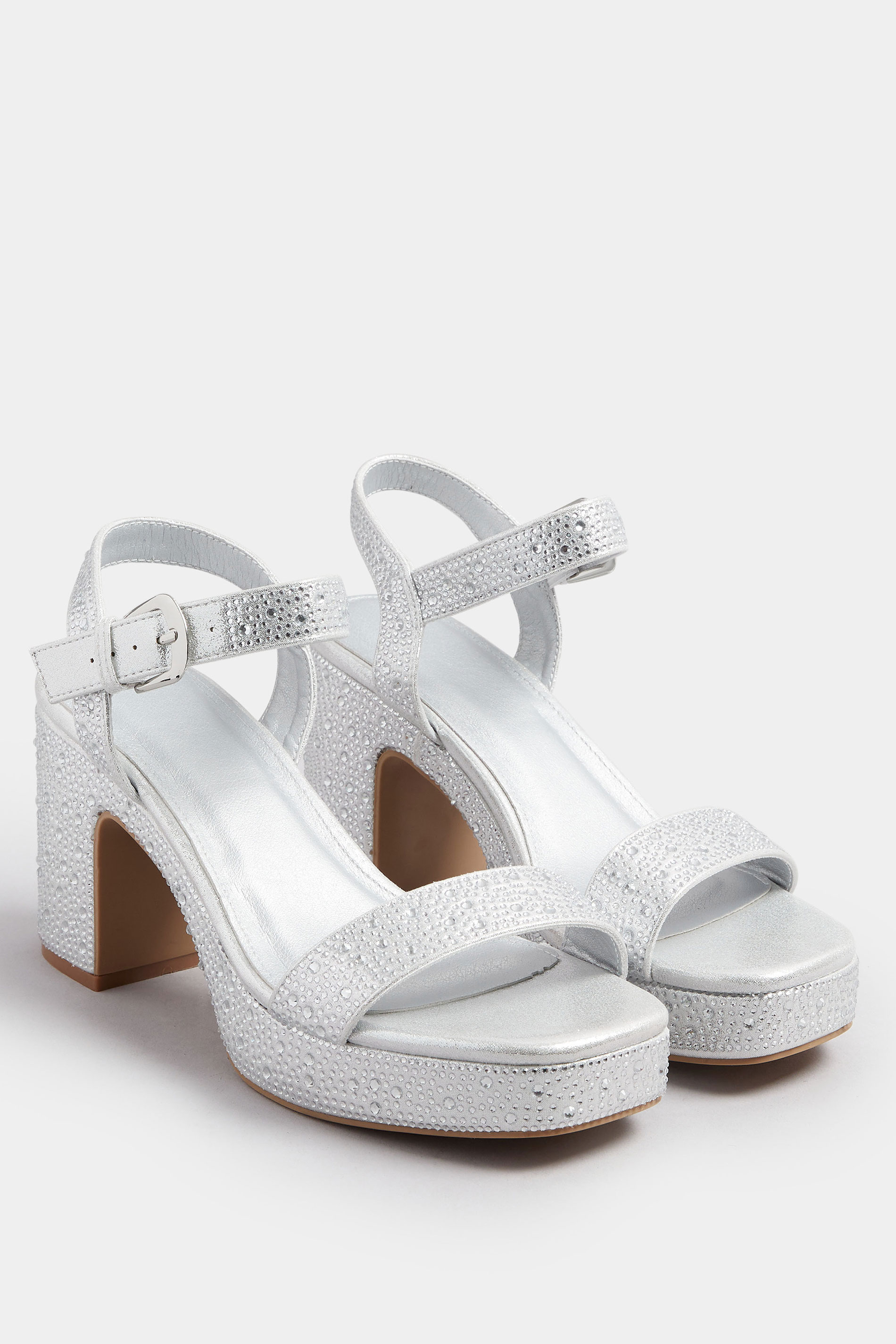 Silver Diamante Platform Block Heels In Wide E Fit | Yours Clothing 2
