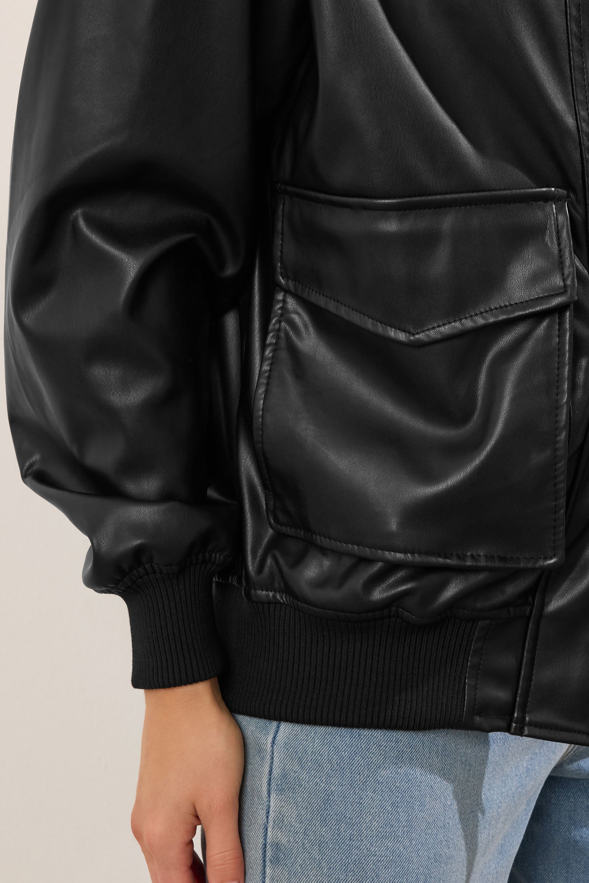 LTS Tall Black Faux Leather Pocket Trucker Jacket | Long Tall Sally 5