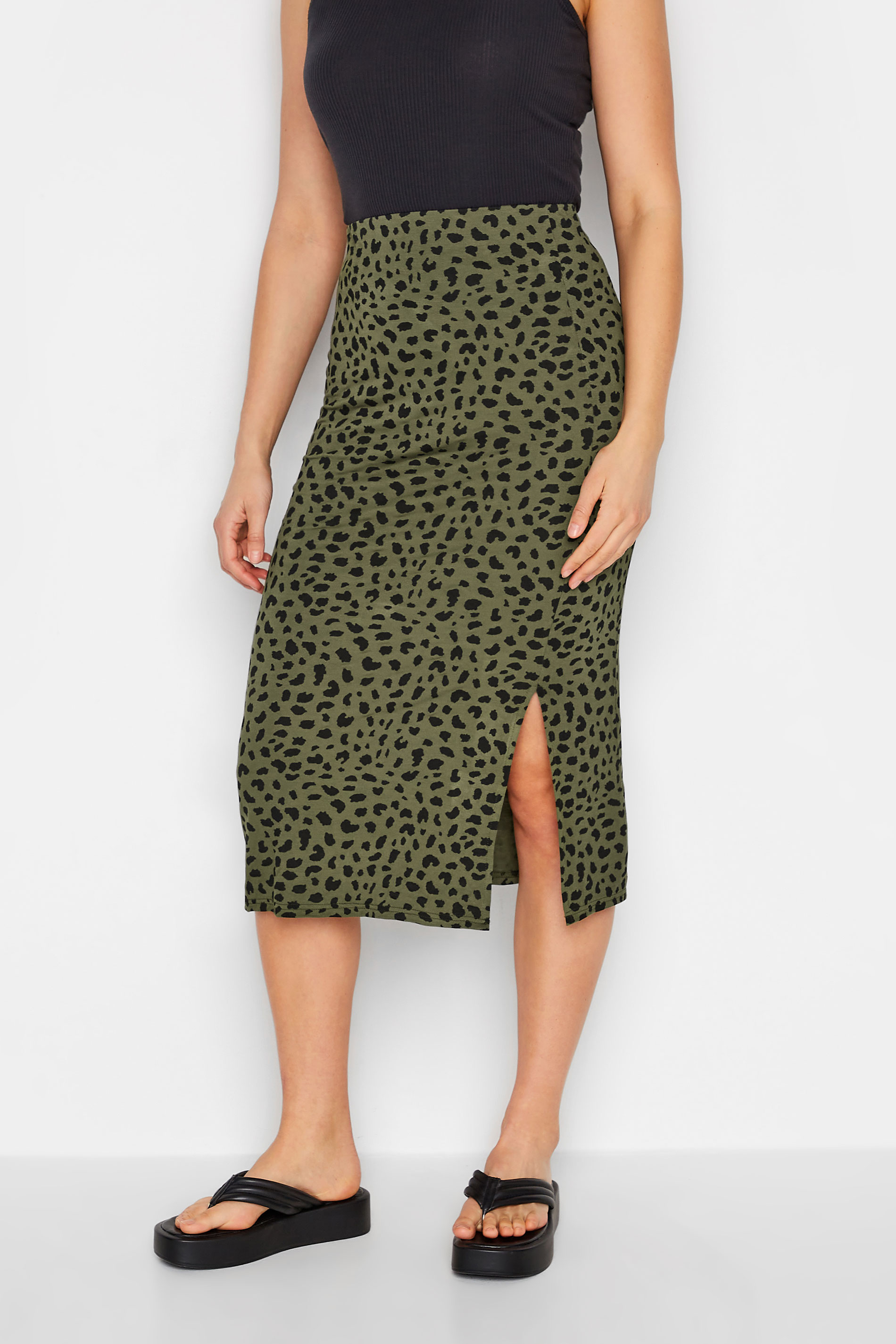 LTS Tall Women's Khaki Green Dalmatian Print Midi Skirt | Long Tall Sally 1