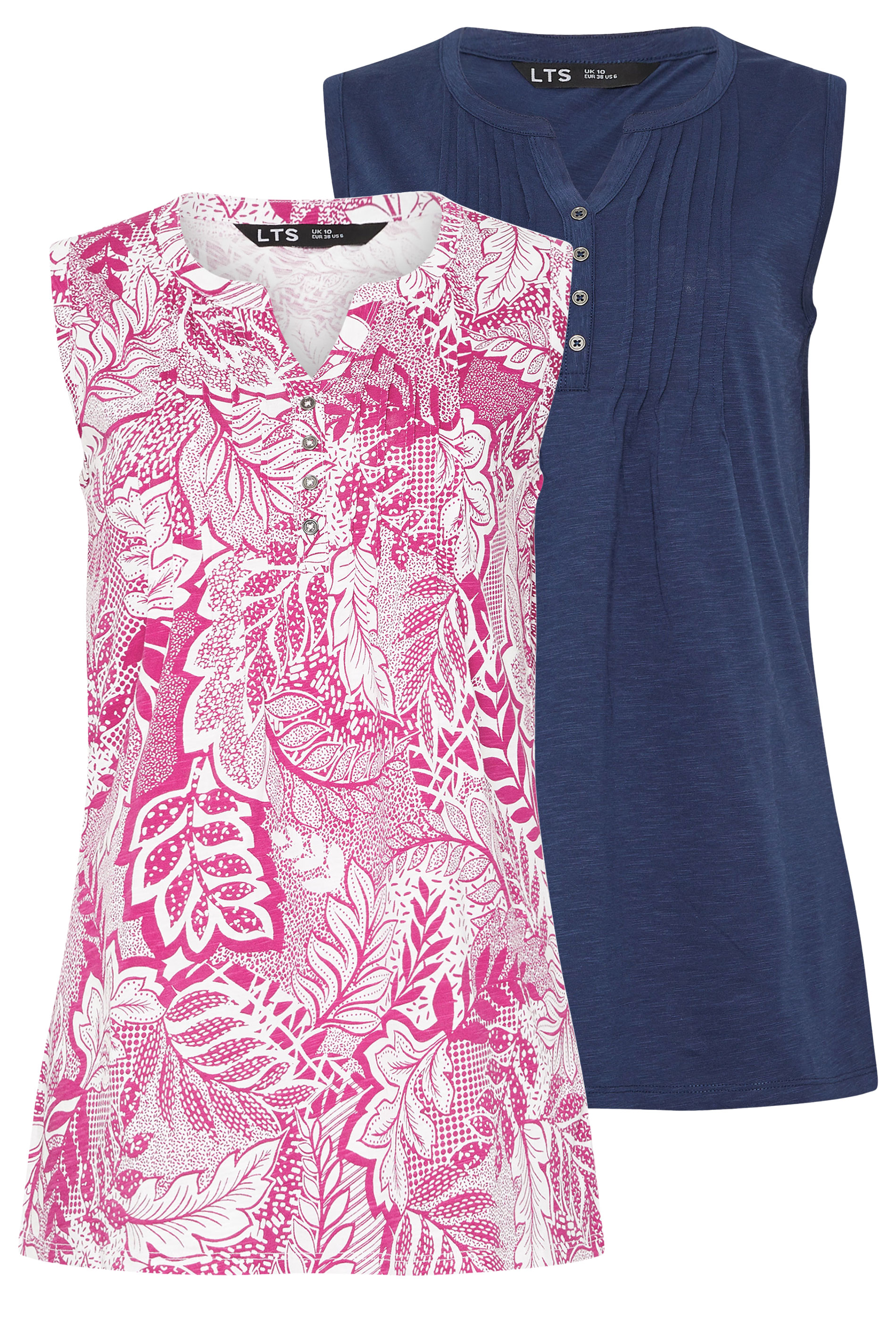 LTS Tall 2 PACK Navy Blue & Pink Floral Henley Vest Tops | Long Tall Sally 8
