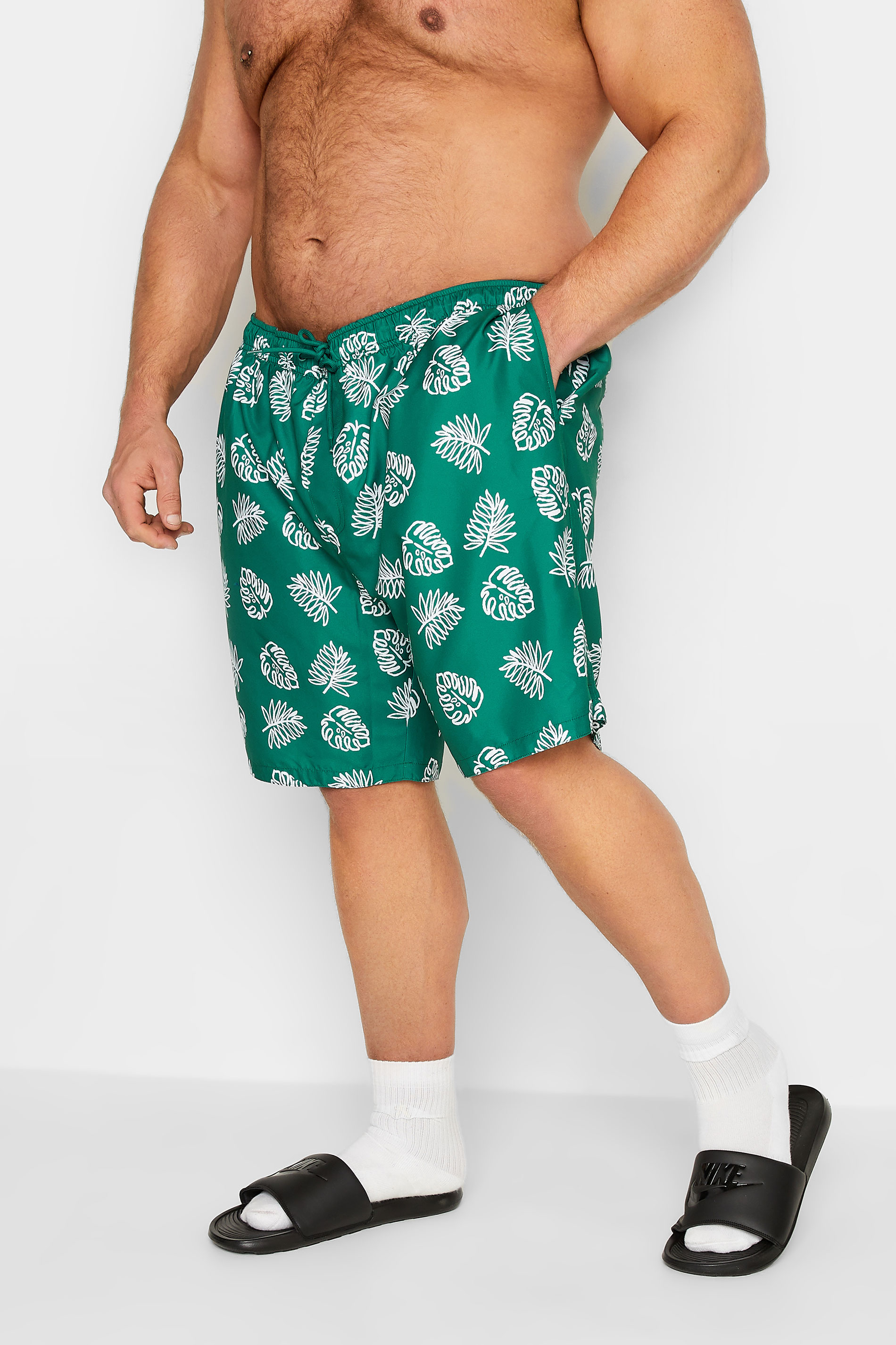 BadRhino Big & Tall Dark Green Leaf Print Swim Shorts | BadRhino 1