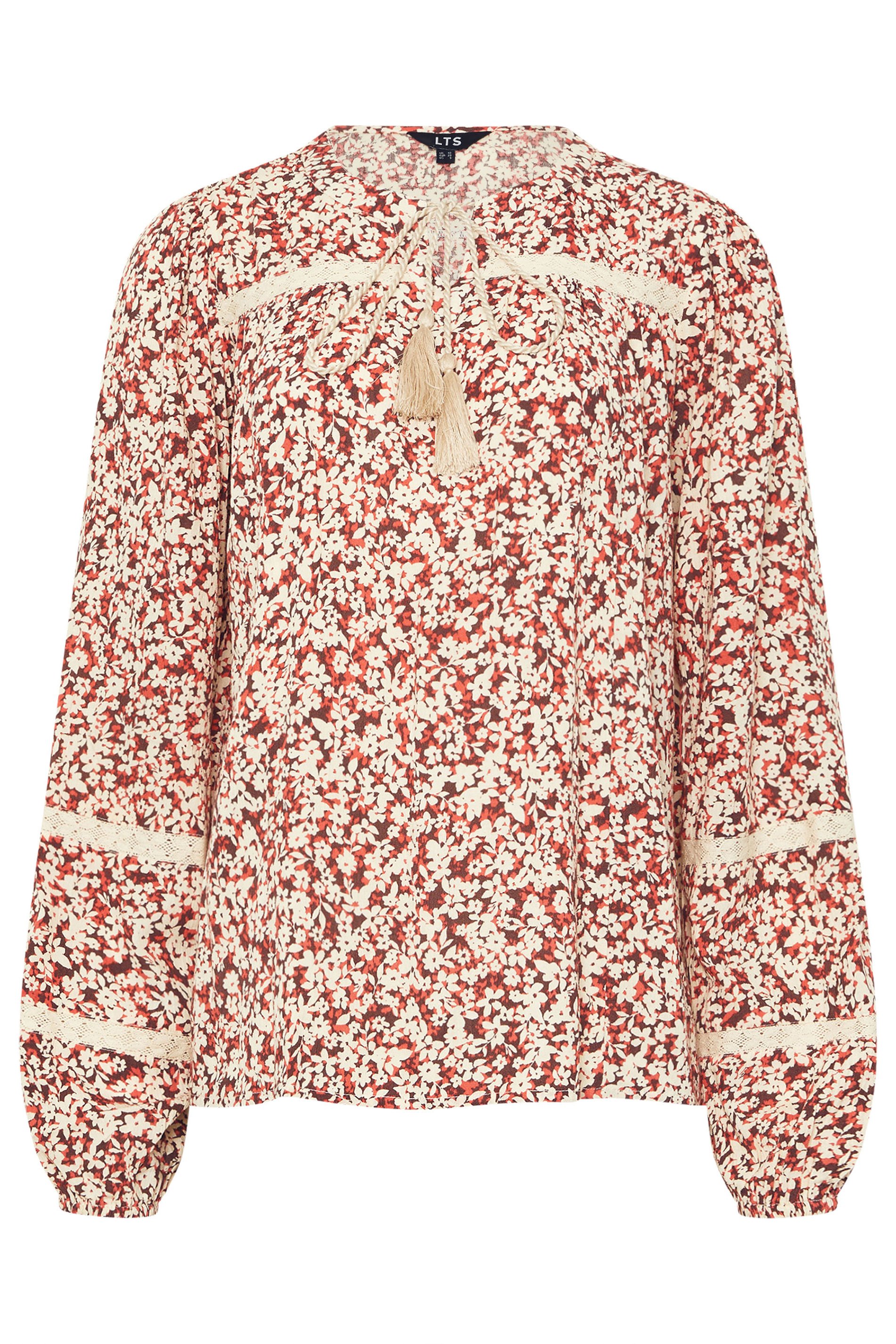 LTS Tall Coral Orange Ditsy Floral Tassel Tie Blouse | Long Tall Sally 5