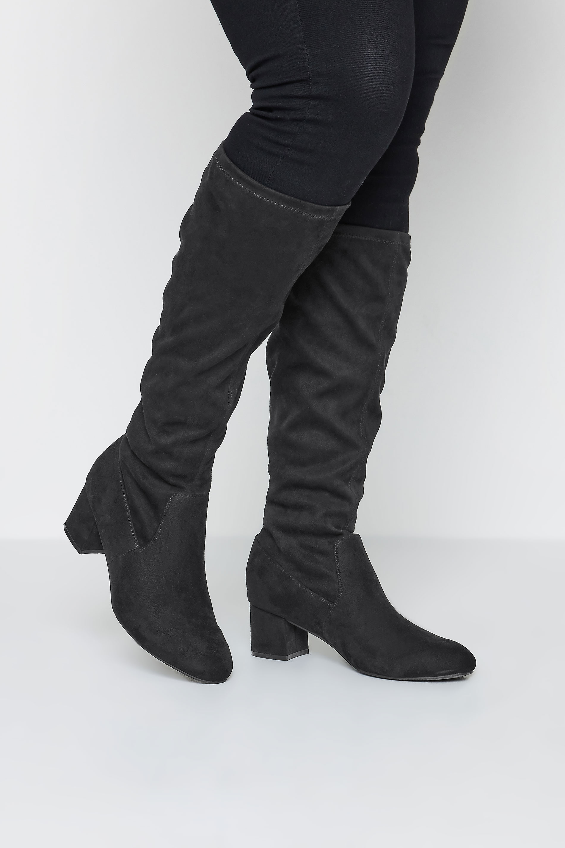 Black Faux Suede Stretch Back Knee High Boots In Wide E Fit & Extra Wide EEE Fit | Yours Clothing 1