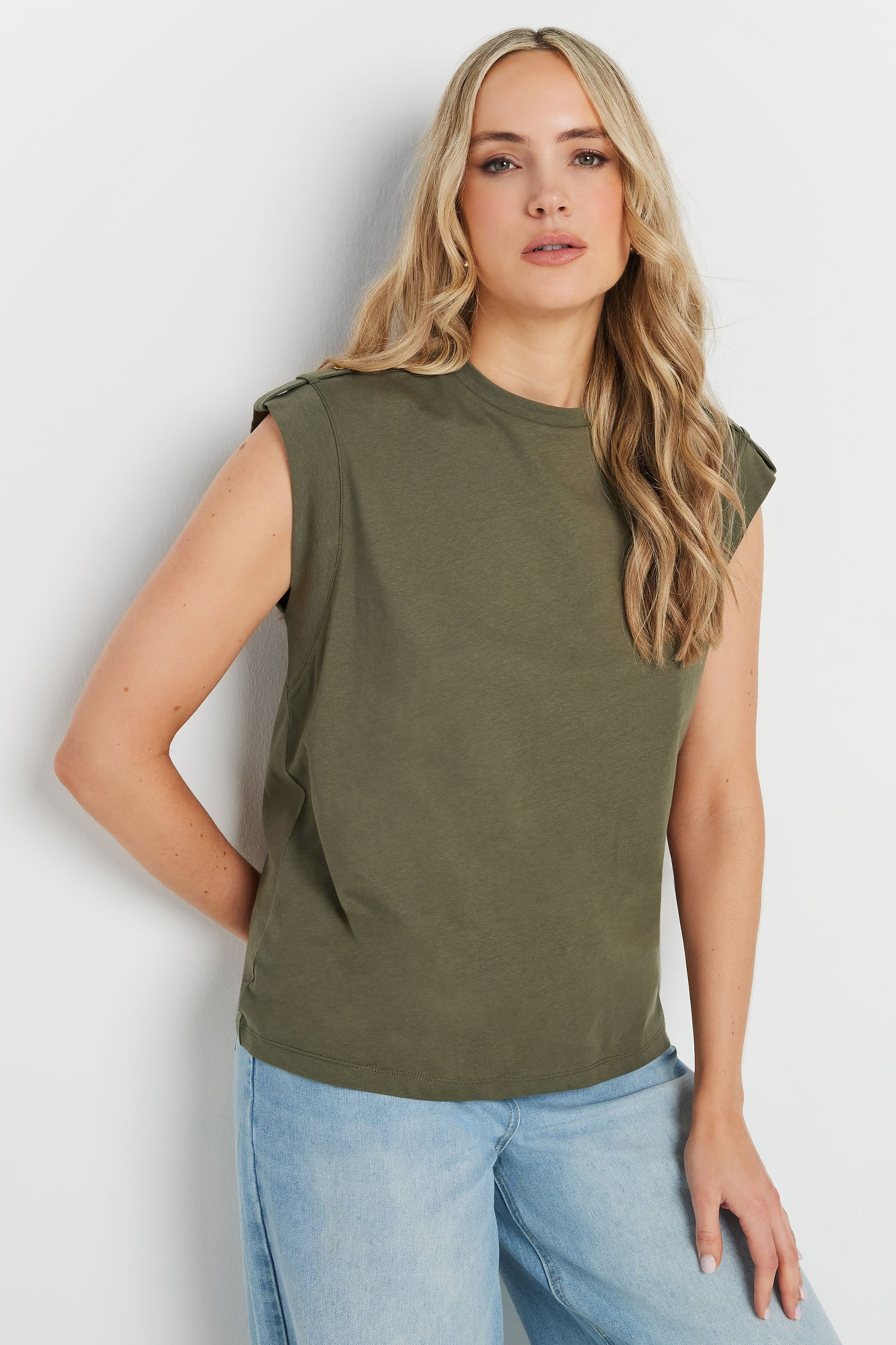 LTS Tall Khaki Green Cotton Shoulder Tab T-Shirt | Long Tall Sally 1
