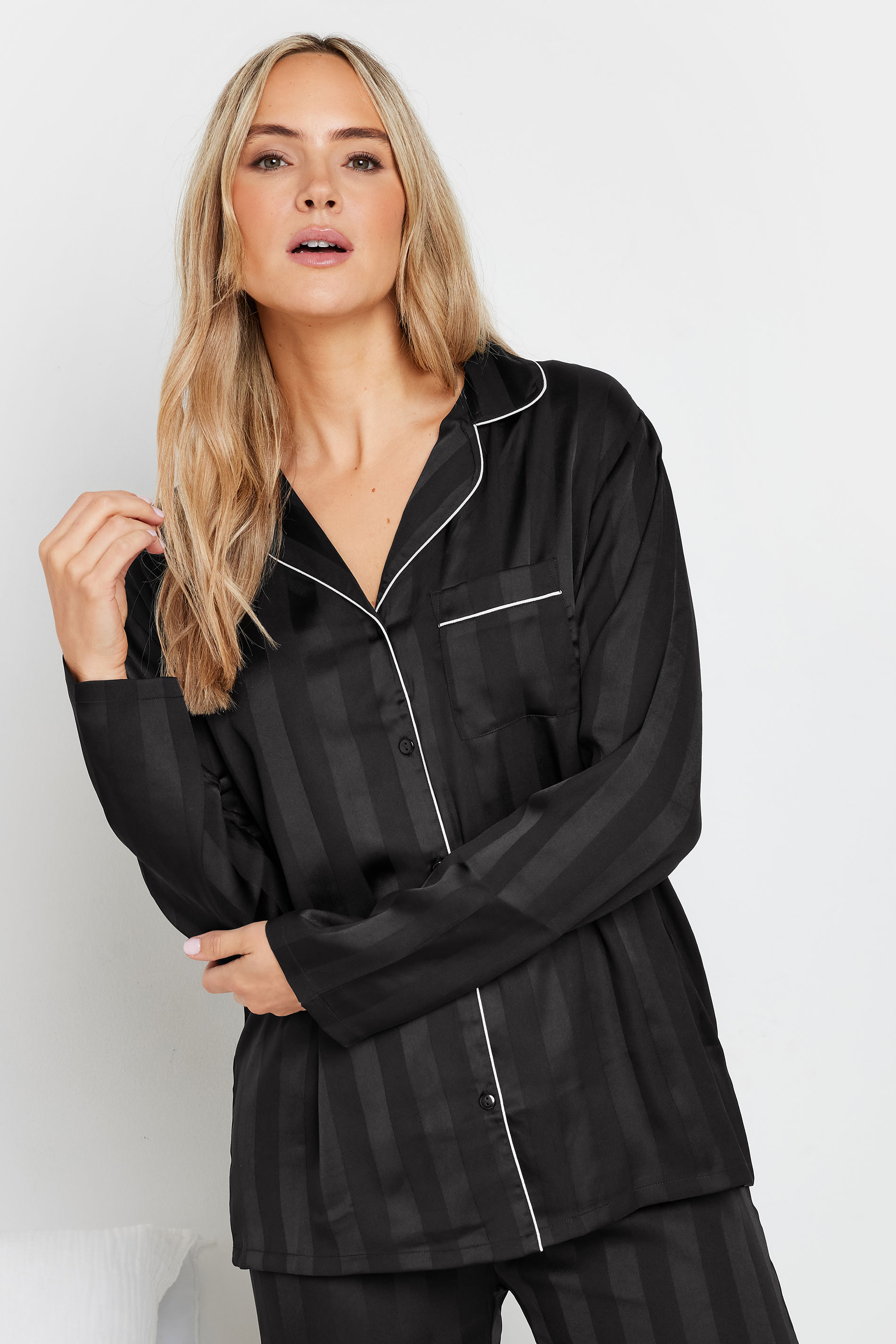 LTS Tall Black Satin Jacquard Stripe Pyjama Set | Long Tall Sally 5