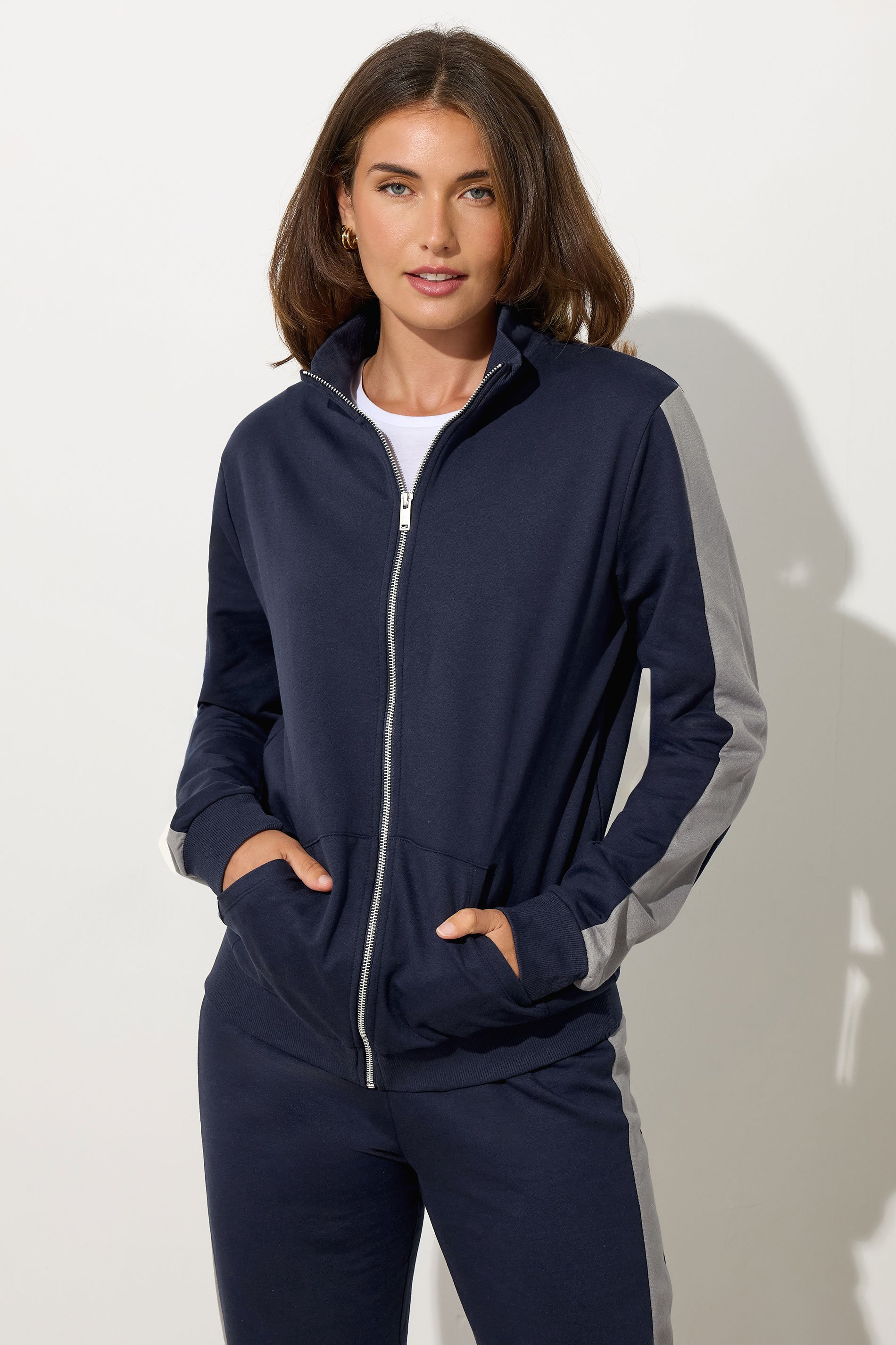 LTS Tall Navy Blue Side Stripe Funnel Zip Sweatshirt | Long Tall Sally 2