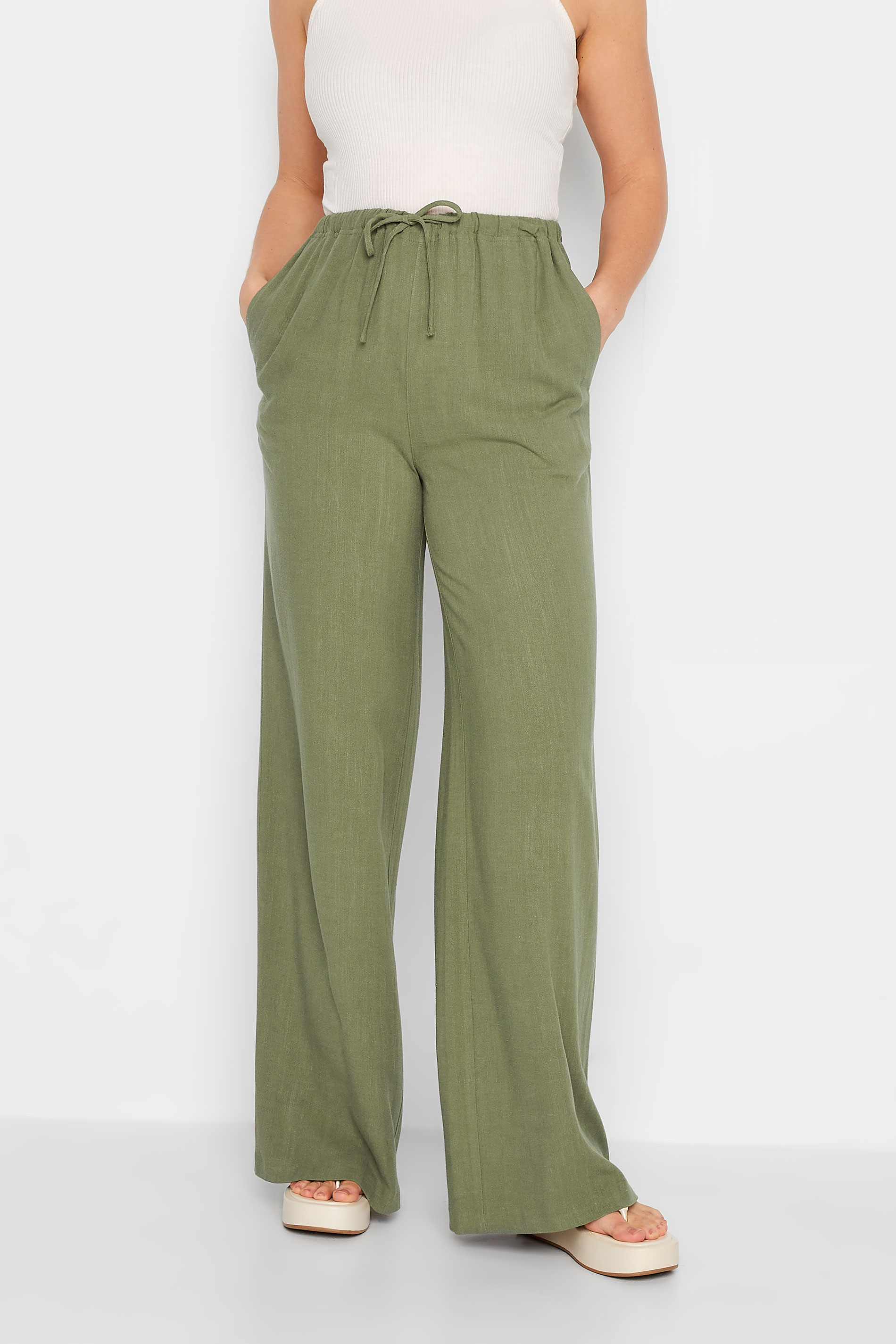 LTS Tall Women's Khaki Green Wide Leg Linen Look Trousers | Long Tall Sally 1