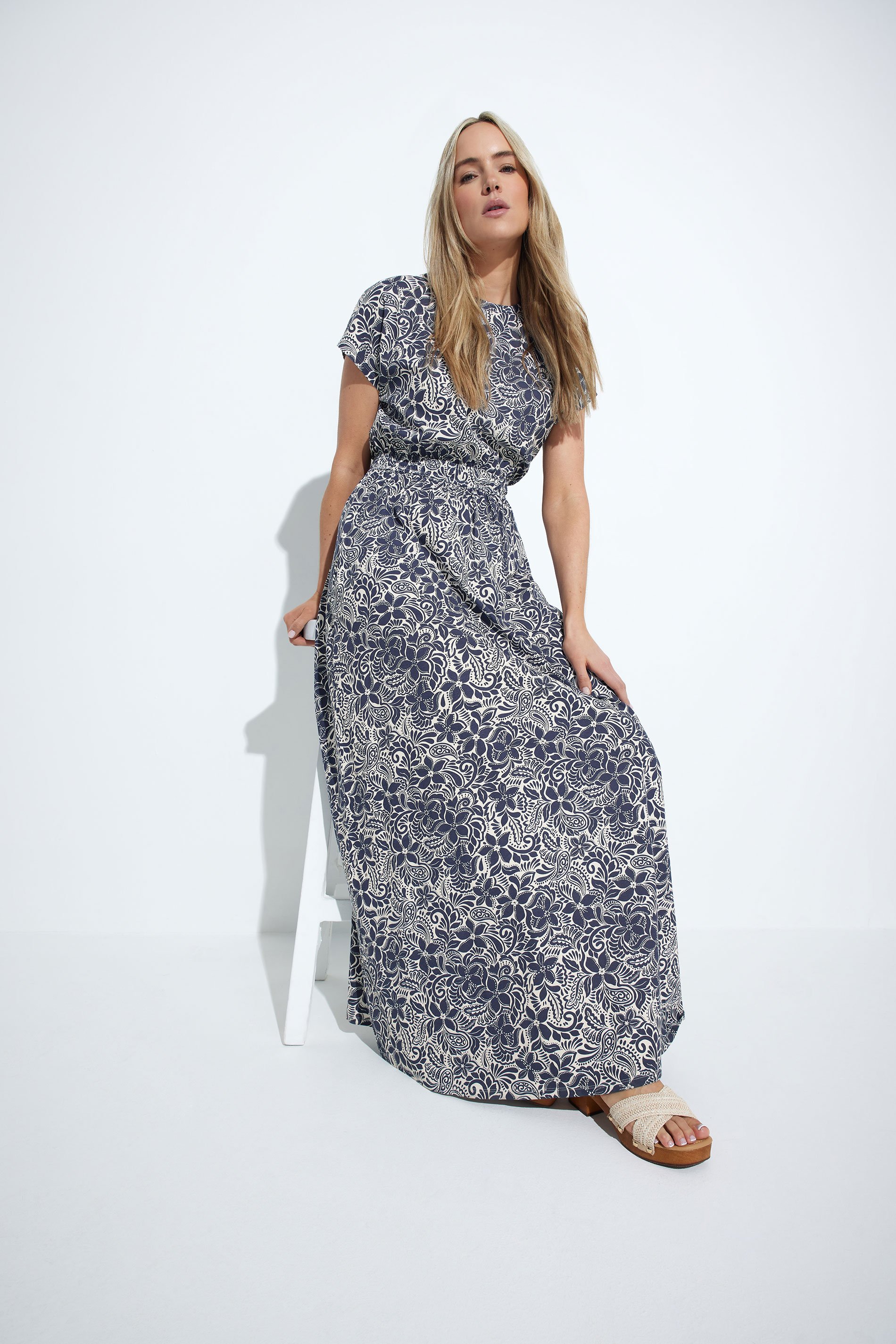 LTS Tall Navy Blue Floral Jersey Shirred Waist Maxi Dress | Long Tall Sally 2