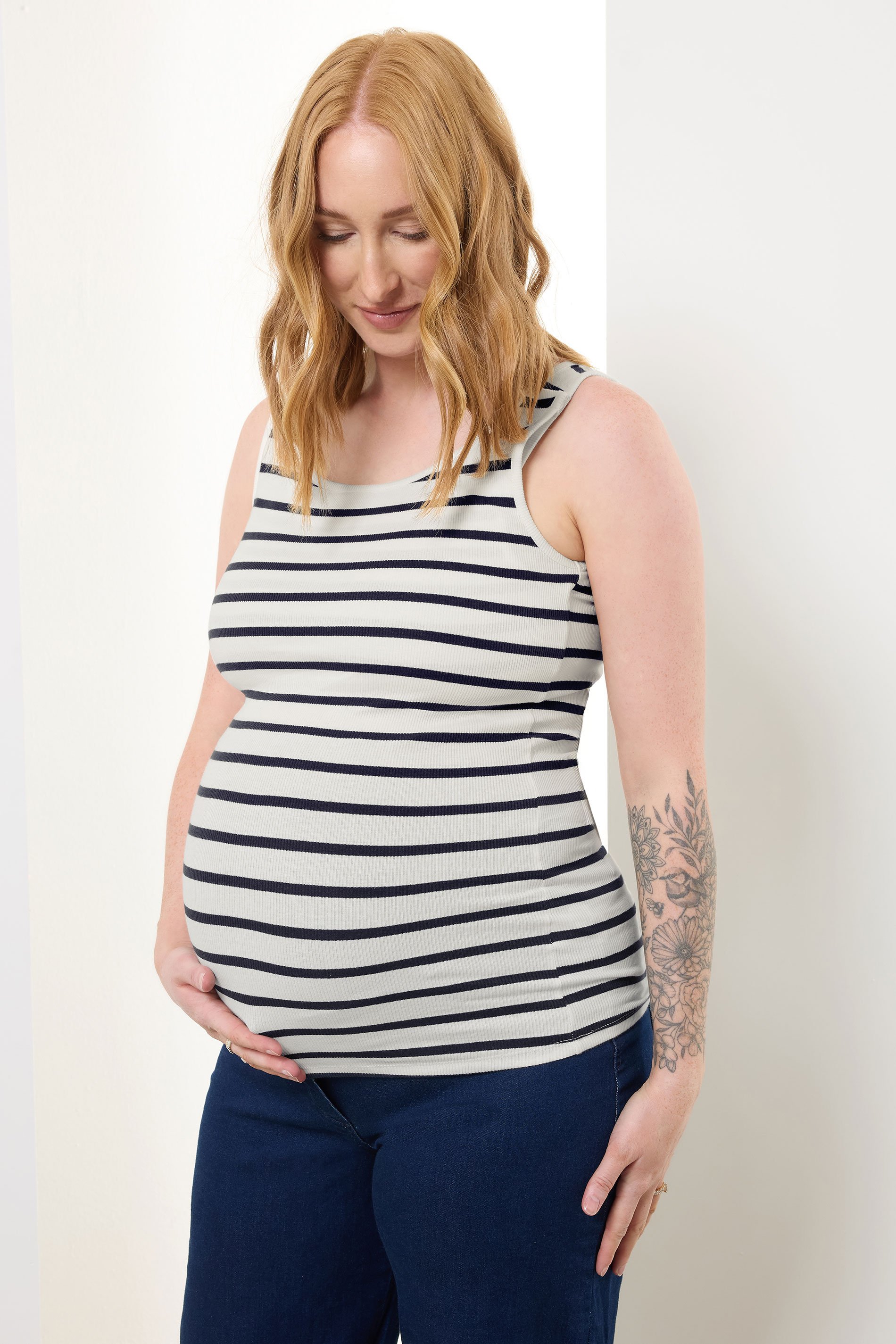 LTS Tall Womens Maternity Ivory White Stripe Popper Fastening Nursing Vest | Long Tall Sally 1