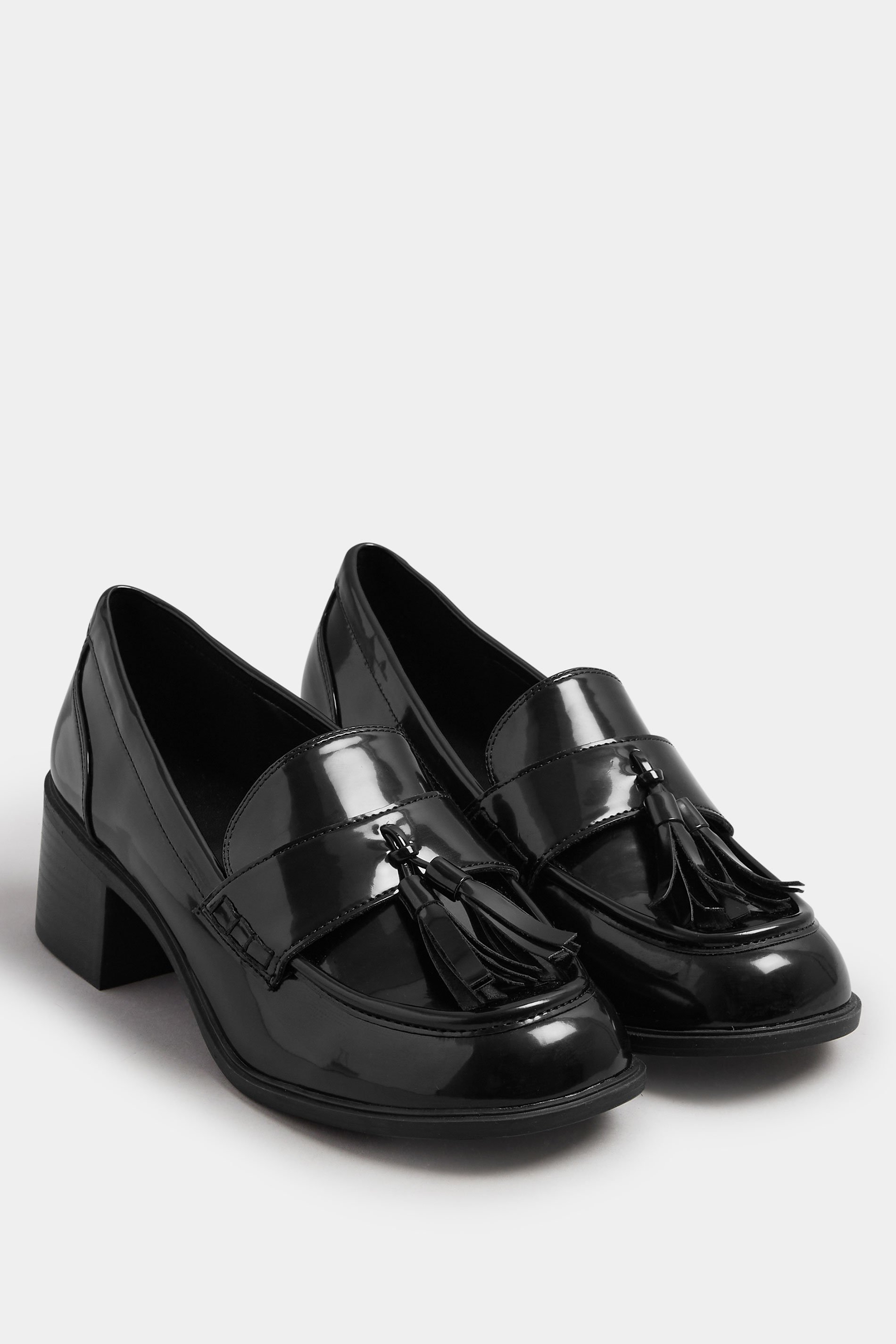 Black Patent Heeled Tassel Loafers In Extra Wide EEE Fit | Yours Clothing 2