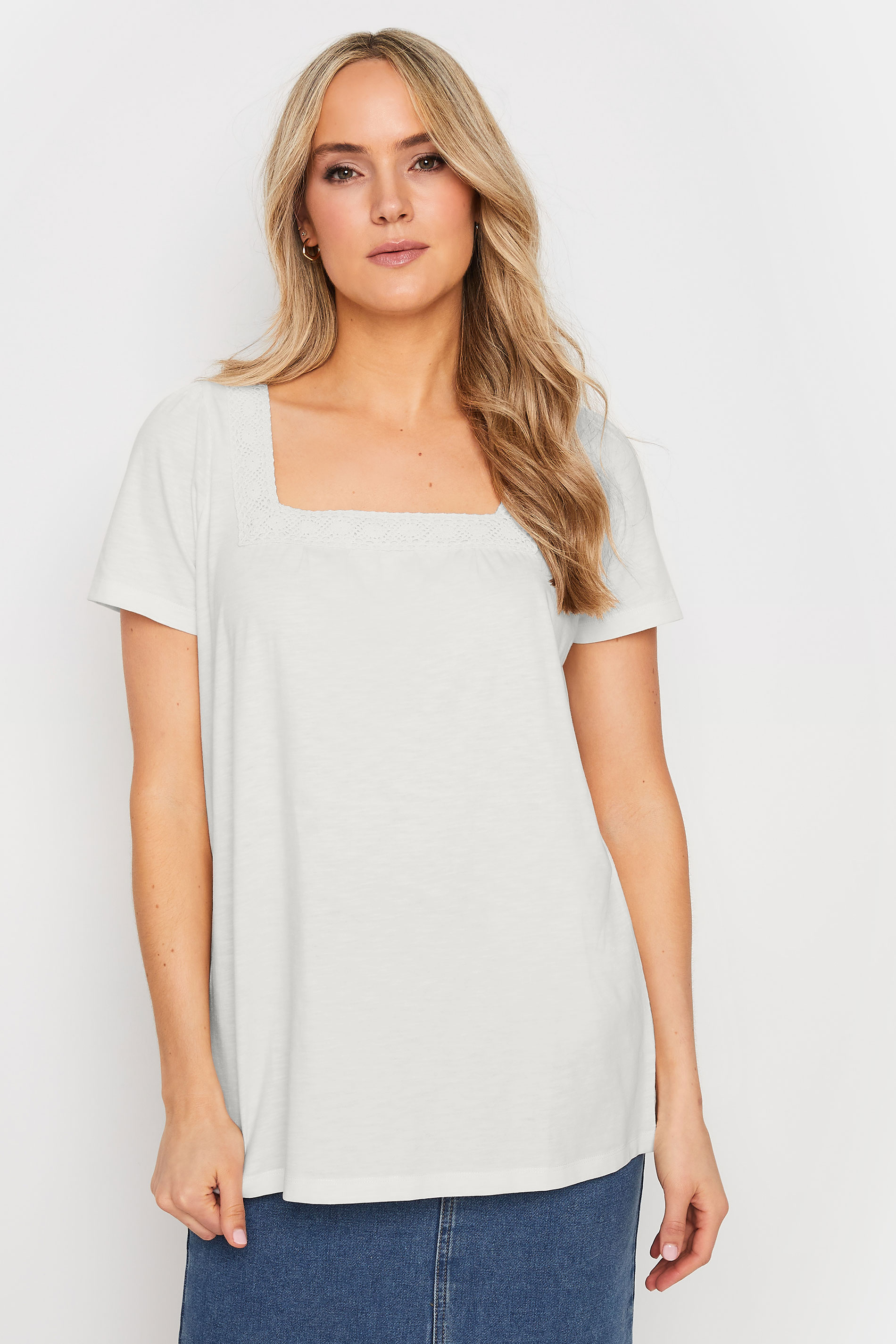 LTS Tall Women's Ivory White Crochet Trim T-Shirt | Long Tall Sally 2
