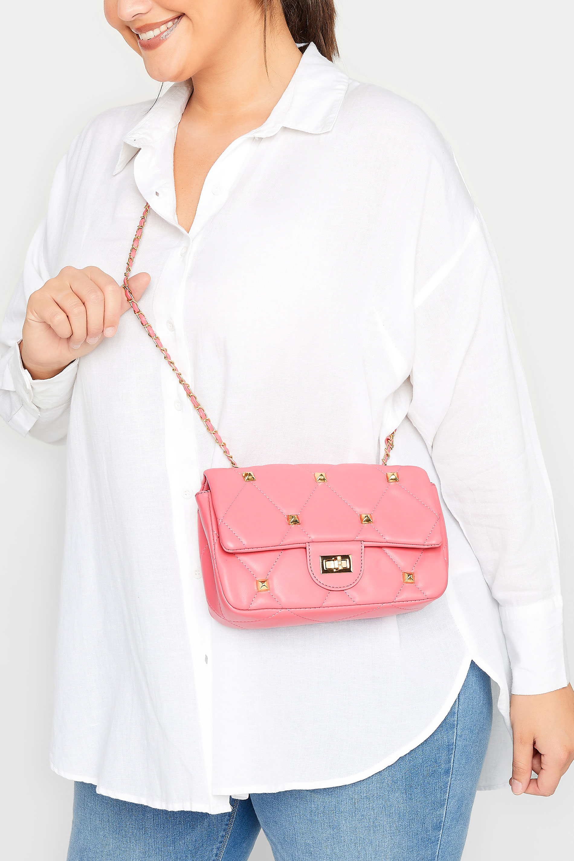 Pink Studded Quilted Chain Bag | Yours Clothing 1