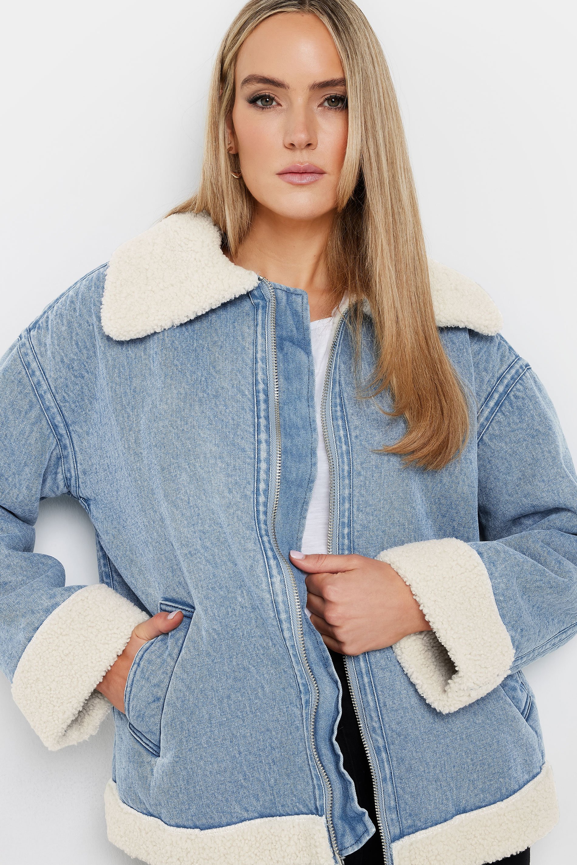 LTS Tall Light Blue Denim Borg Zip Jacket | Long Tall Sally 5