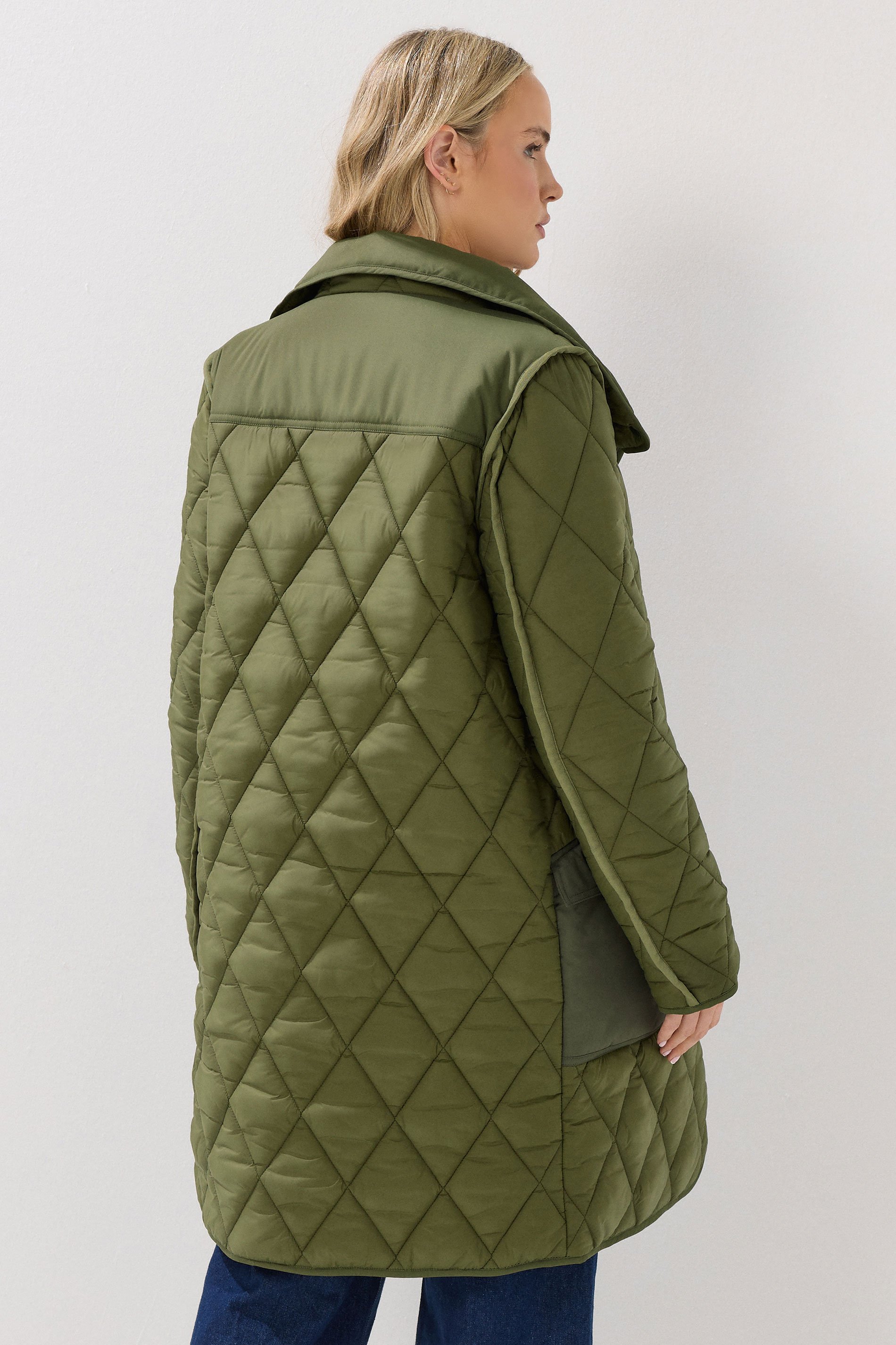 LTS Tall Khaki Green Funnel Neck Quilted Coat | Long Tall Sally 4
