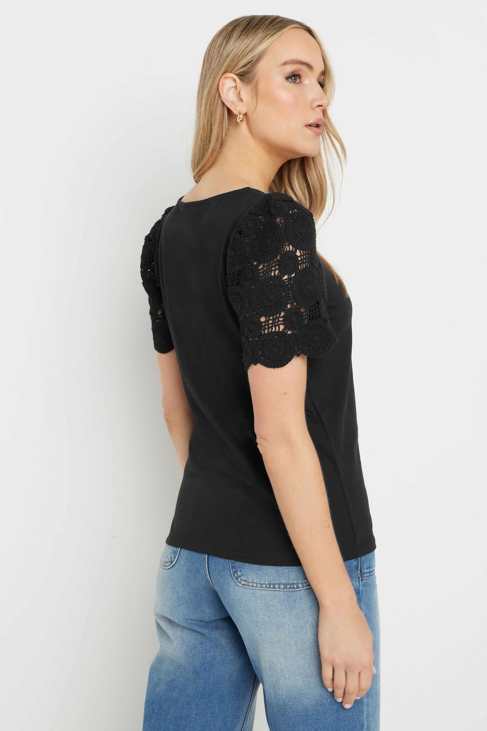 LTS Tall Black Crochet Sleeve T-Shirt | Long Tall Sally 3
