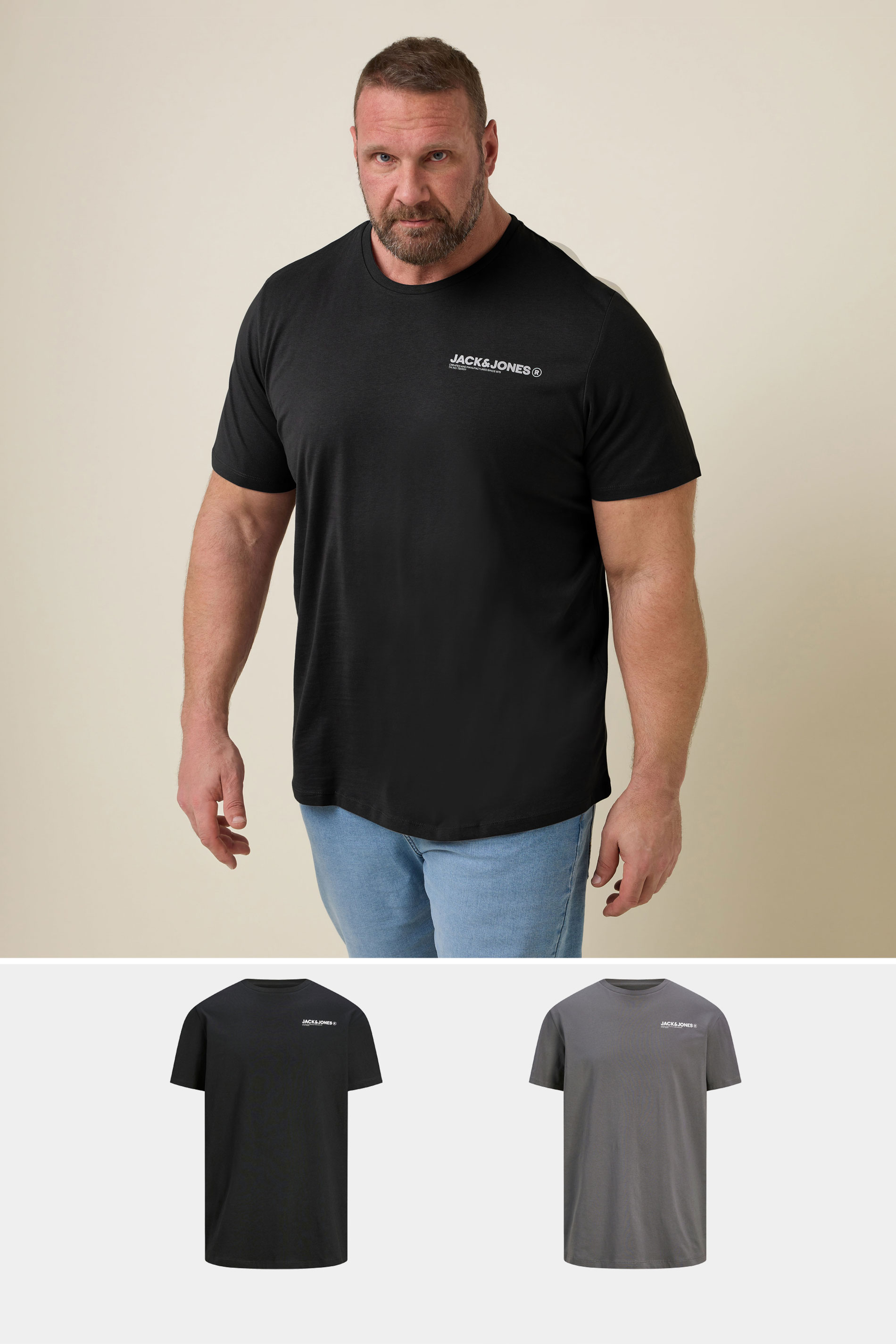 JACK & JONES Big & Tall 2 PACK Black & Grey Hawaii T-Shirts | BadRhino 1
