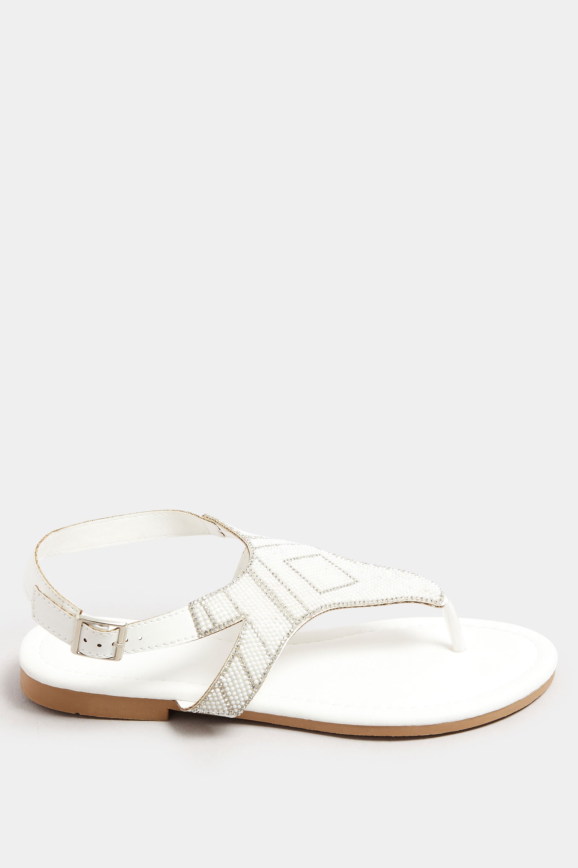 White Embellished T-Bar Sandals In Wide E & Extra Wide EEE Fit | Yours Clothing 3