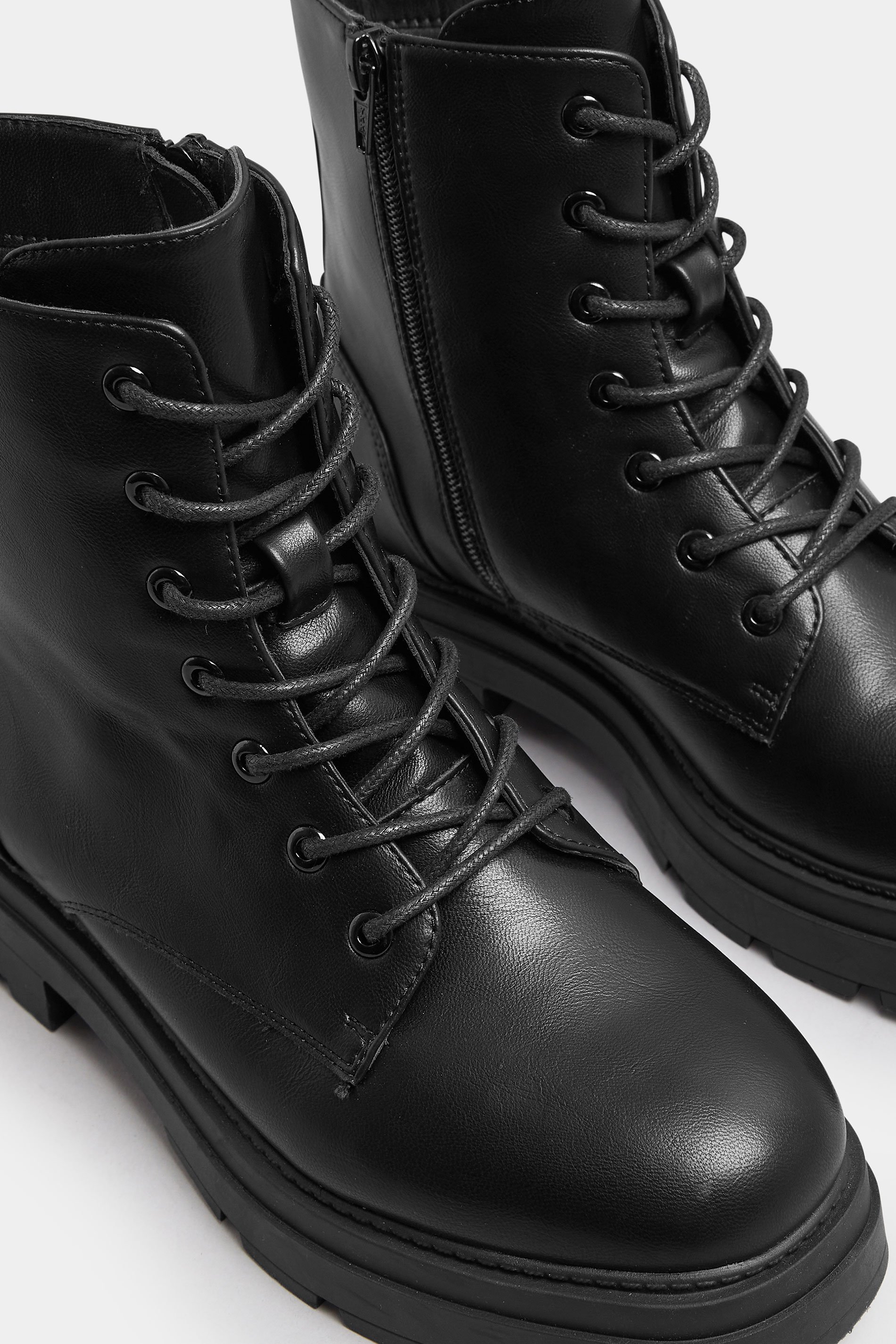Black Faux Leather Chunky Lace Up Boots In Extra Wide EEE Fit | Yours Clothing 5