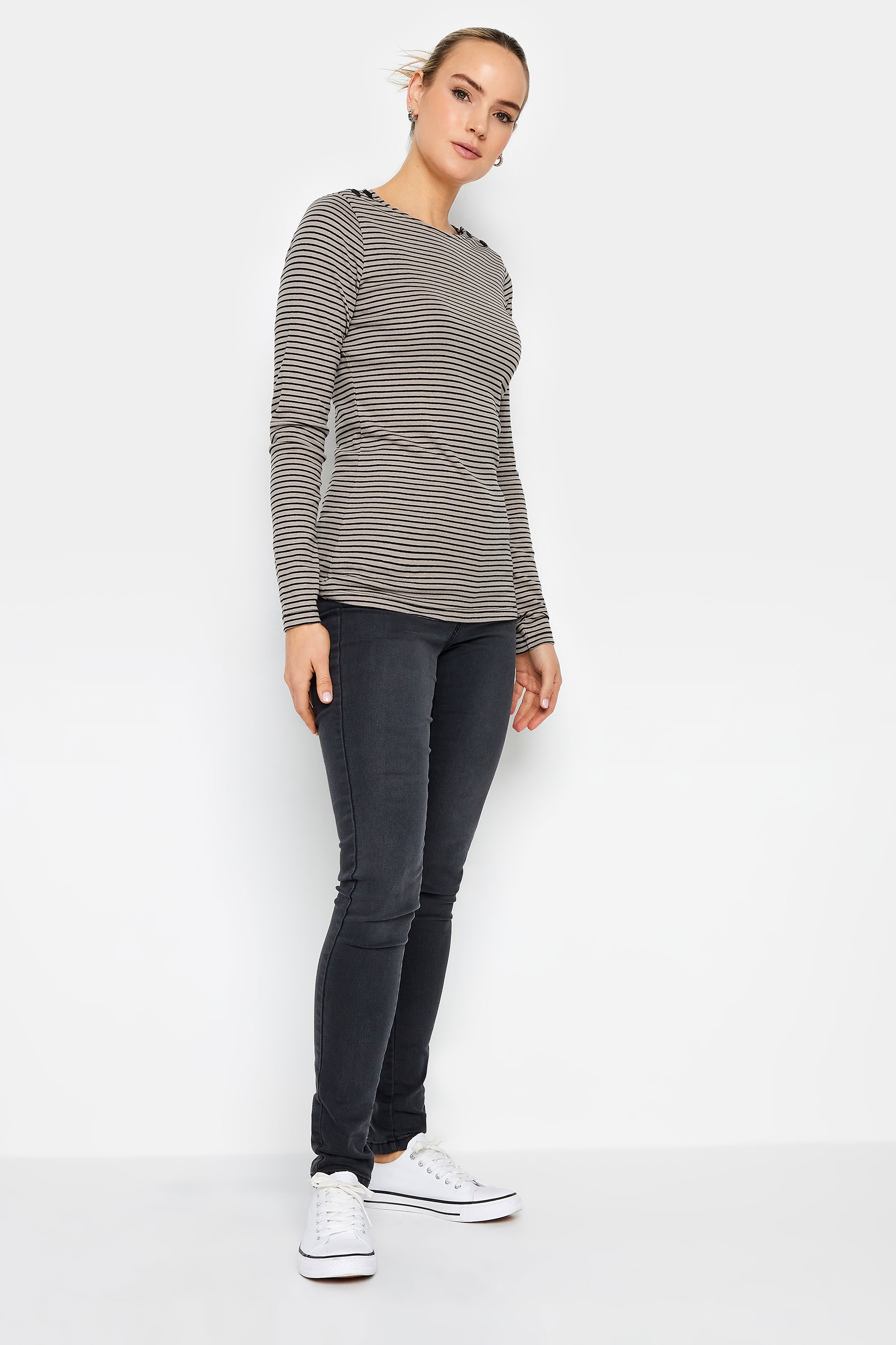 LTS Tall Women's Stone Brown Stripe Print Button T-Shirt | Long Tall Sally  2