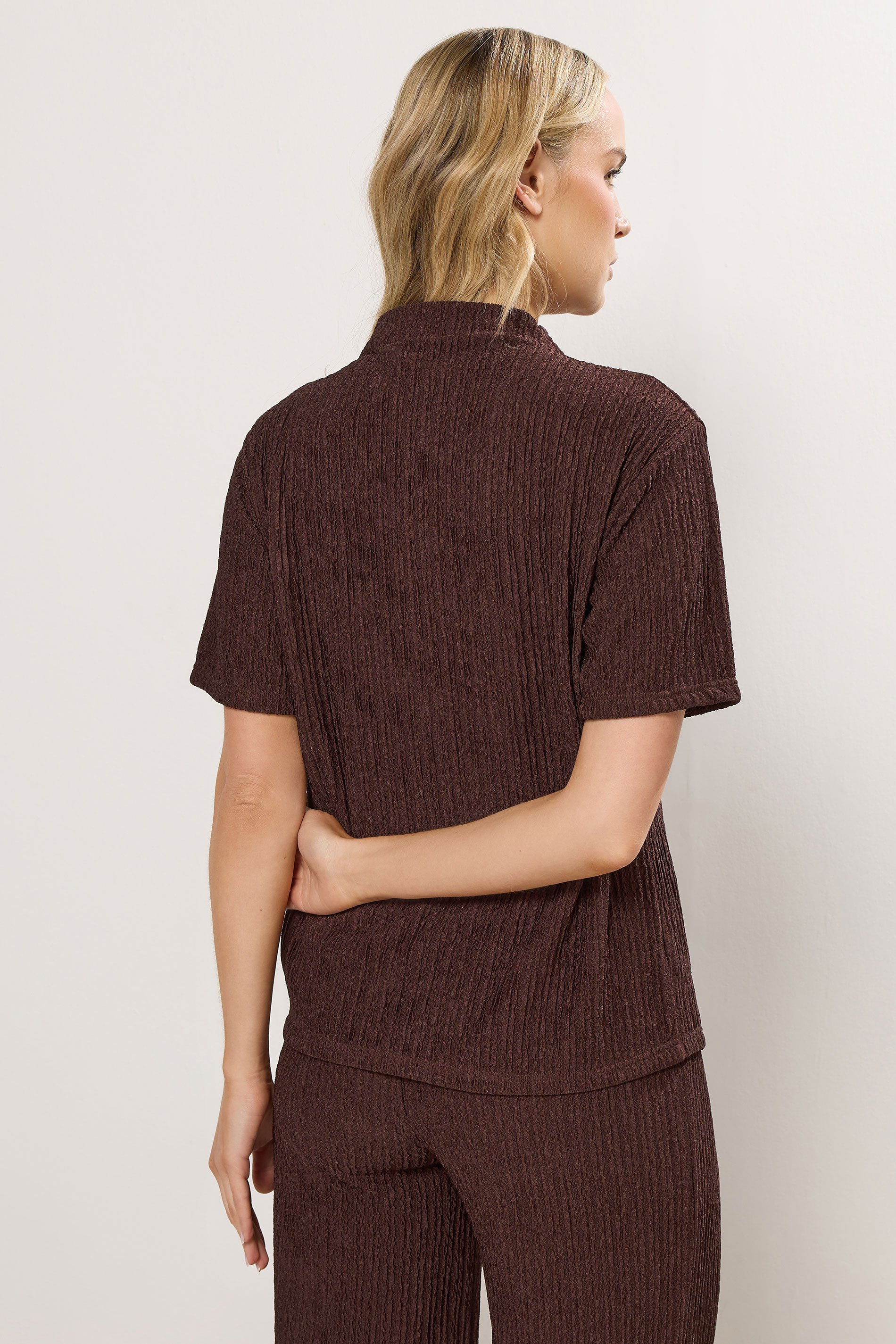 LTS Tall Chocolate Brown Textured Funnel Neck Top | Long Tall Sally 3