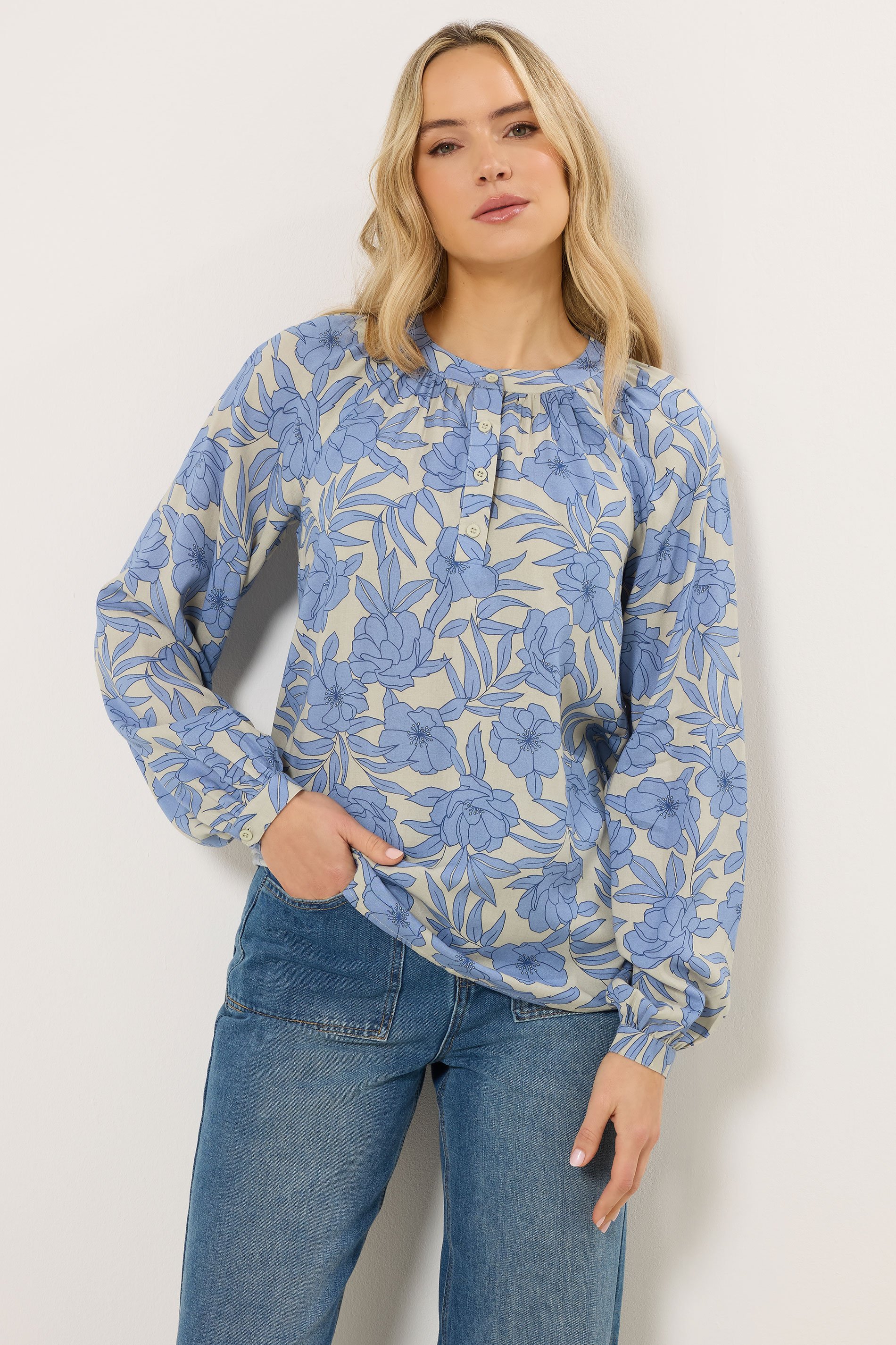 LTS Tall Women's Cream & Blue Placket Raglan Blouse | Long Tall Sally 3