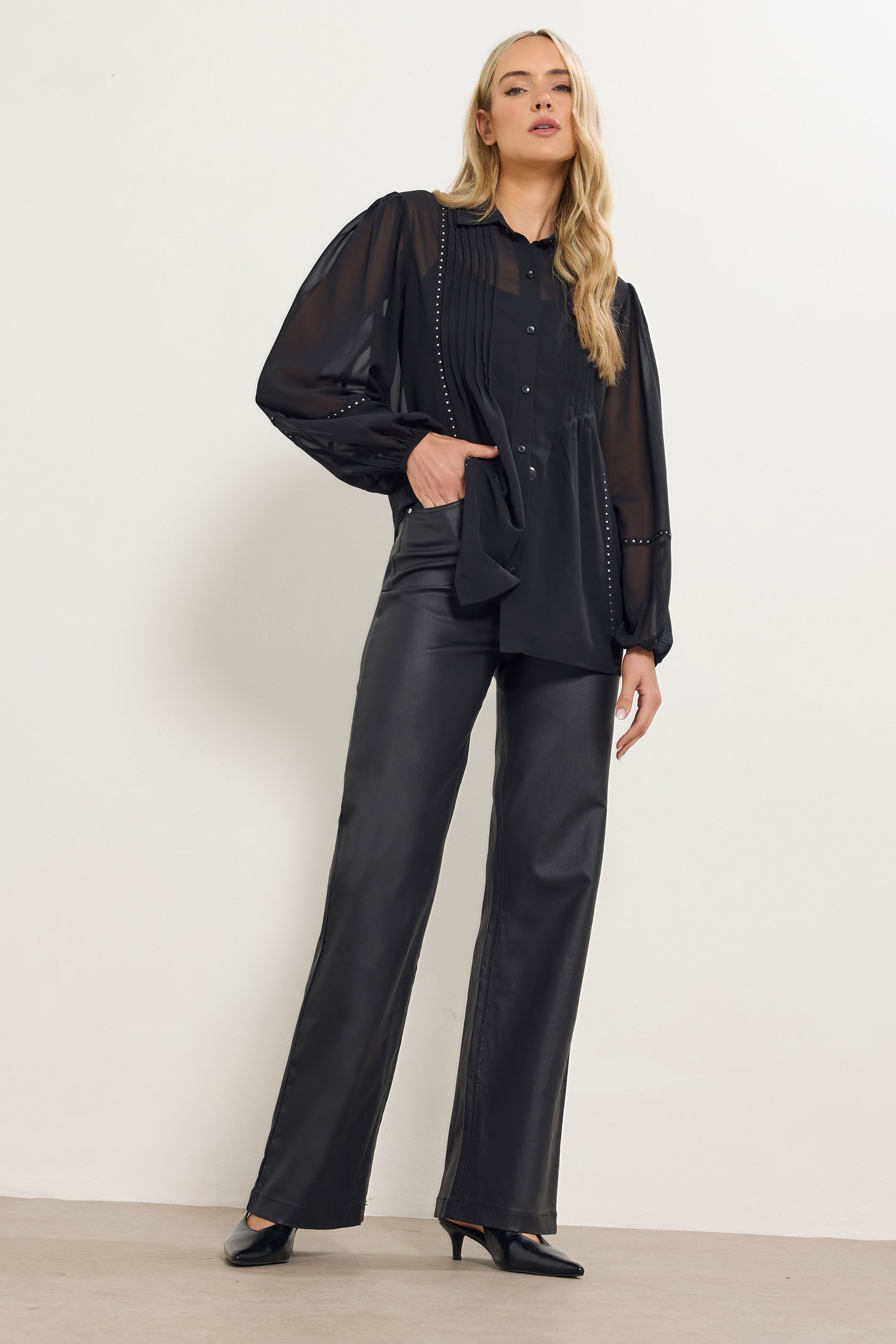 LTS Tall Black Stud Trim Pintuck Shirt | Long Tall Sally 2