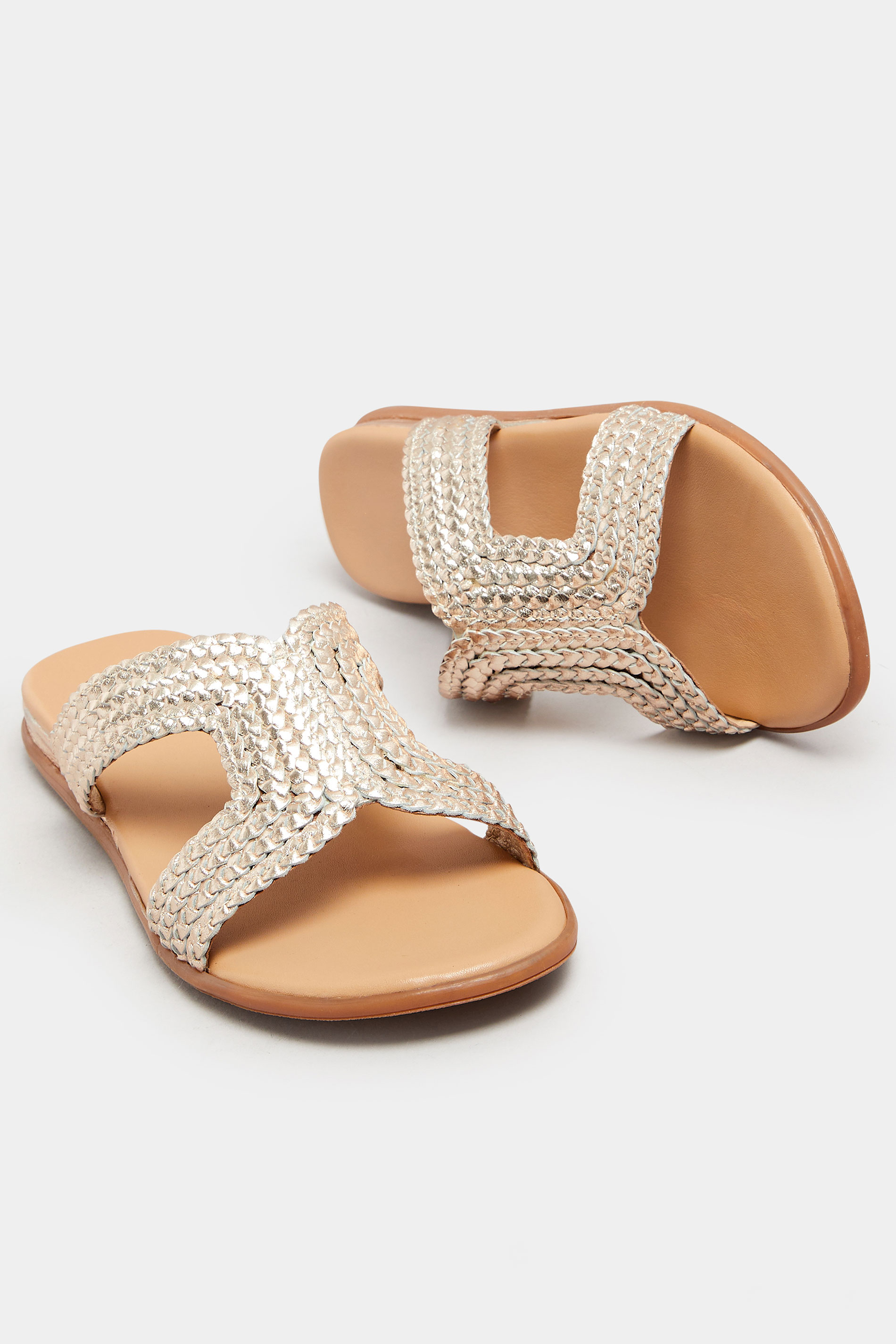 Gold Leather Woven Wedge Mule Sandals In Extra Wide EEE Fit | Yours Curve 5