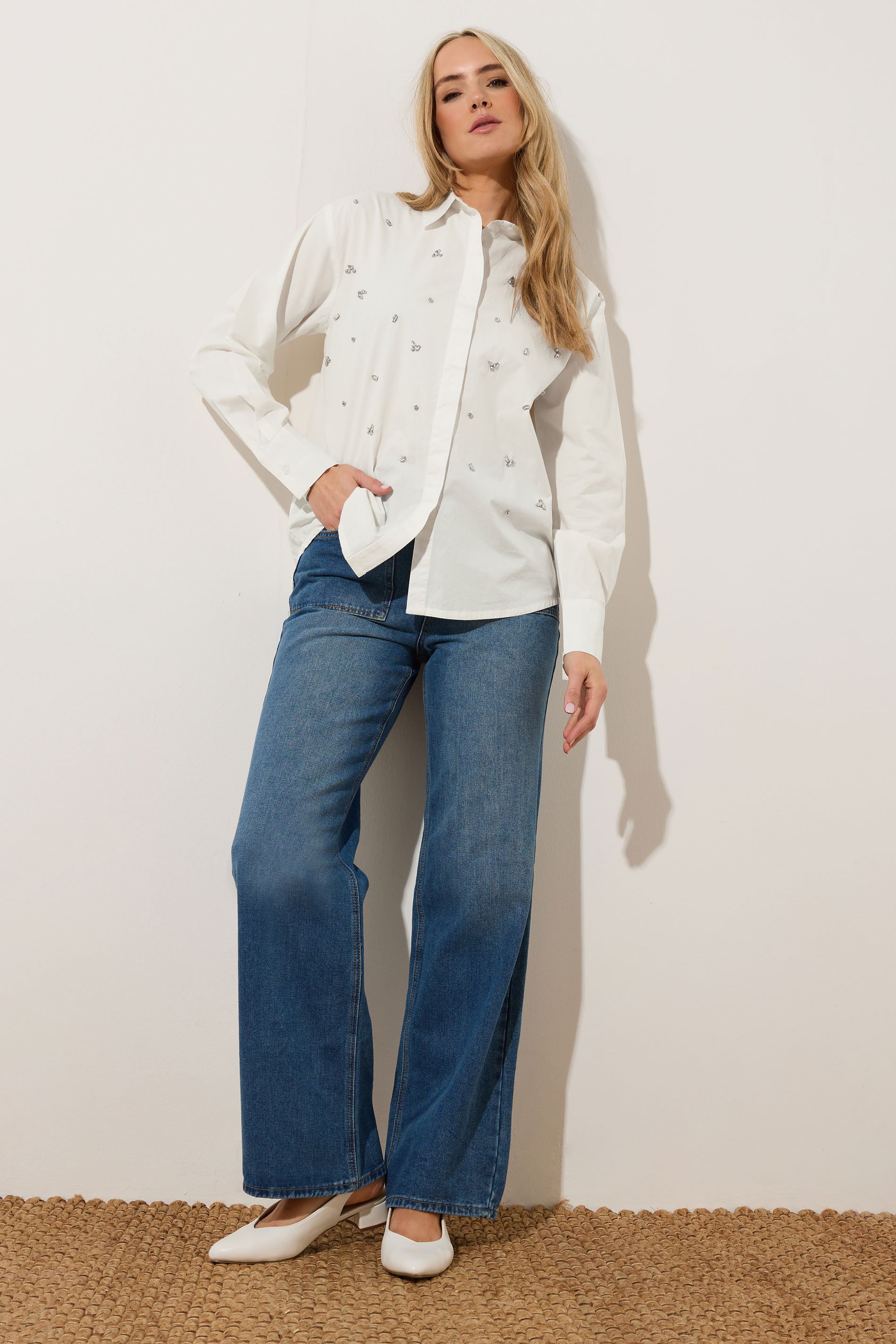 LTS Tall White Embellished Long Sleeve Shirt | Long Tall Sally 3