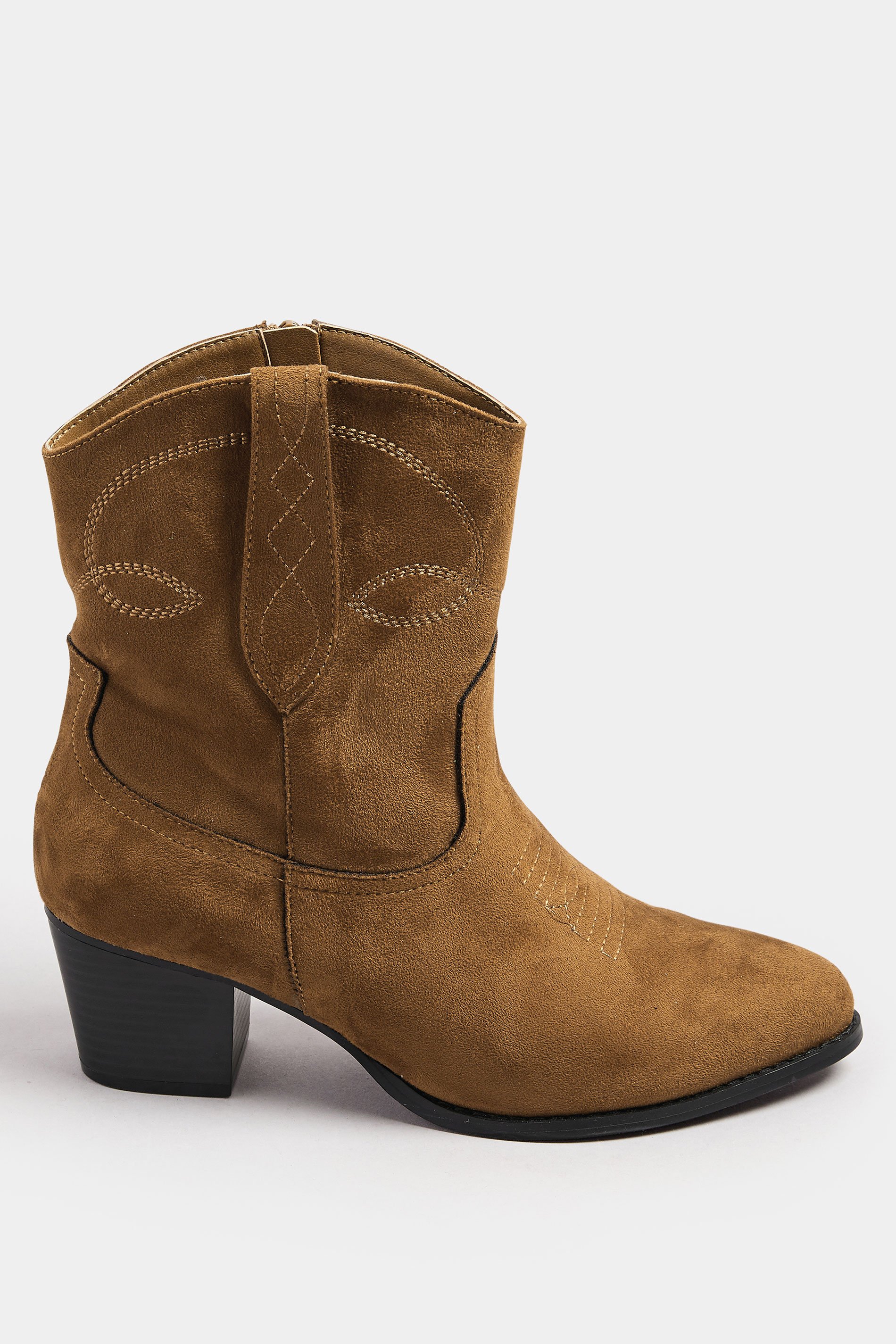 Brown Faux Suede Contrast Stitch Western Heel Ankle Boots In Extra Wide EEE Fit | Yours Clothing 5