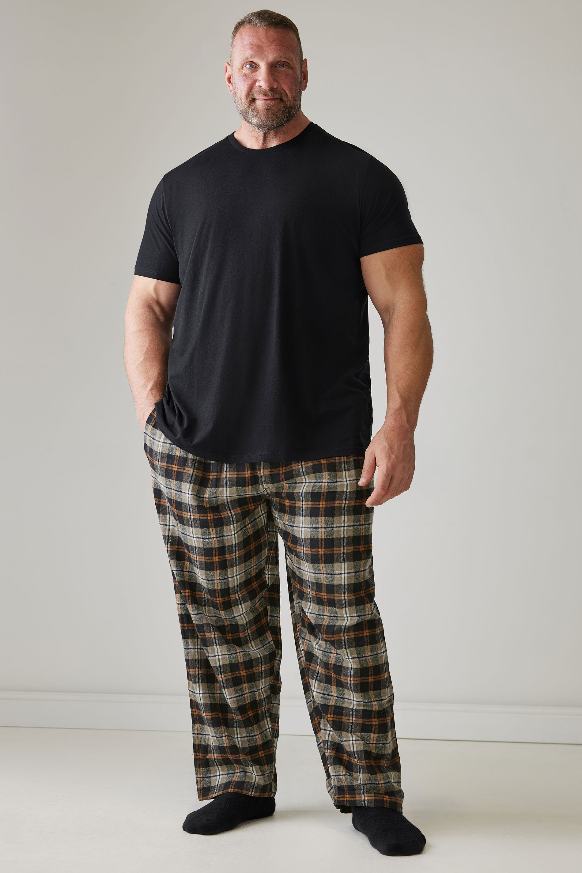 BadRhino Big & Tall Black T-Shirt & Check Trousers Pyjama Set | BadRhino 1