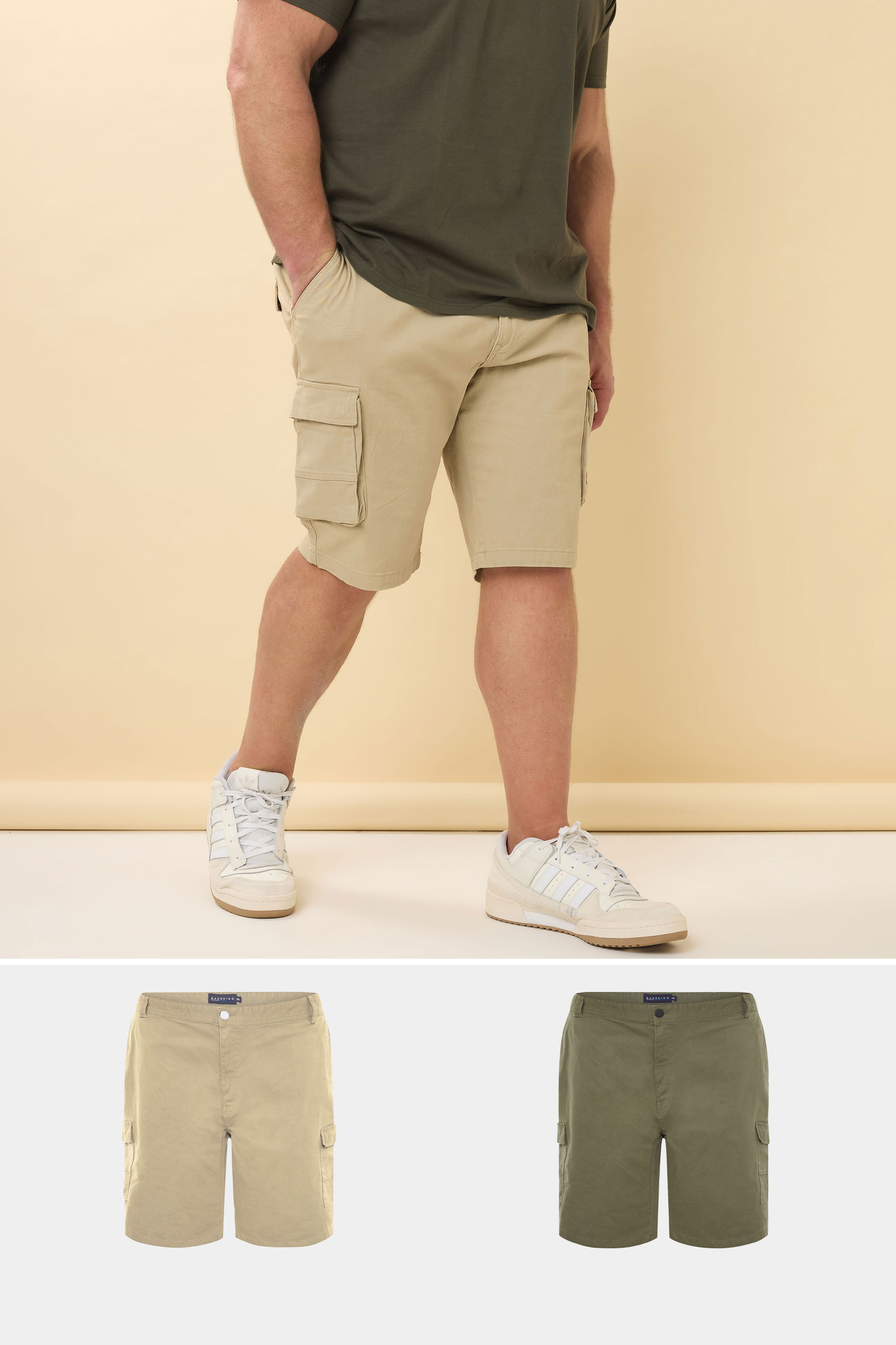 BadRhino Big & Tall 2 PACK Stone Brown & Khaki Green Stretch Cargo Shorts | BadRhino 1