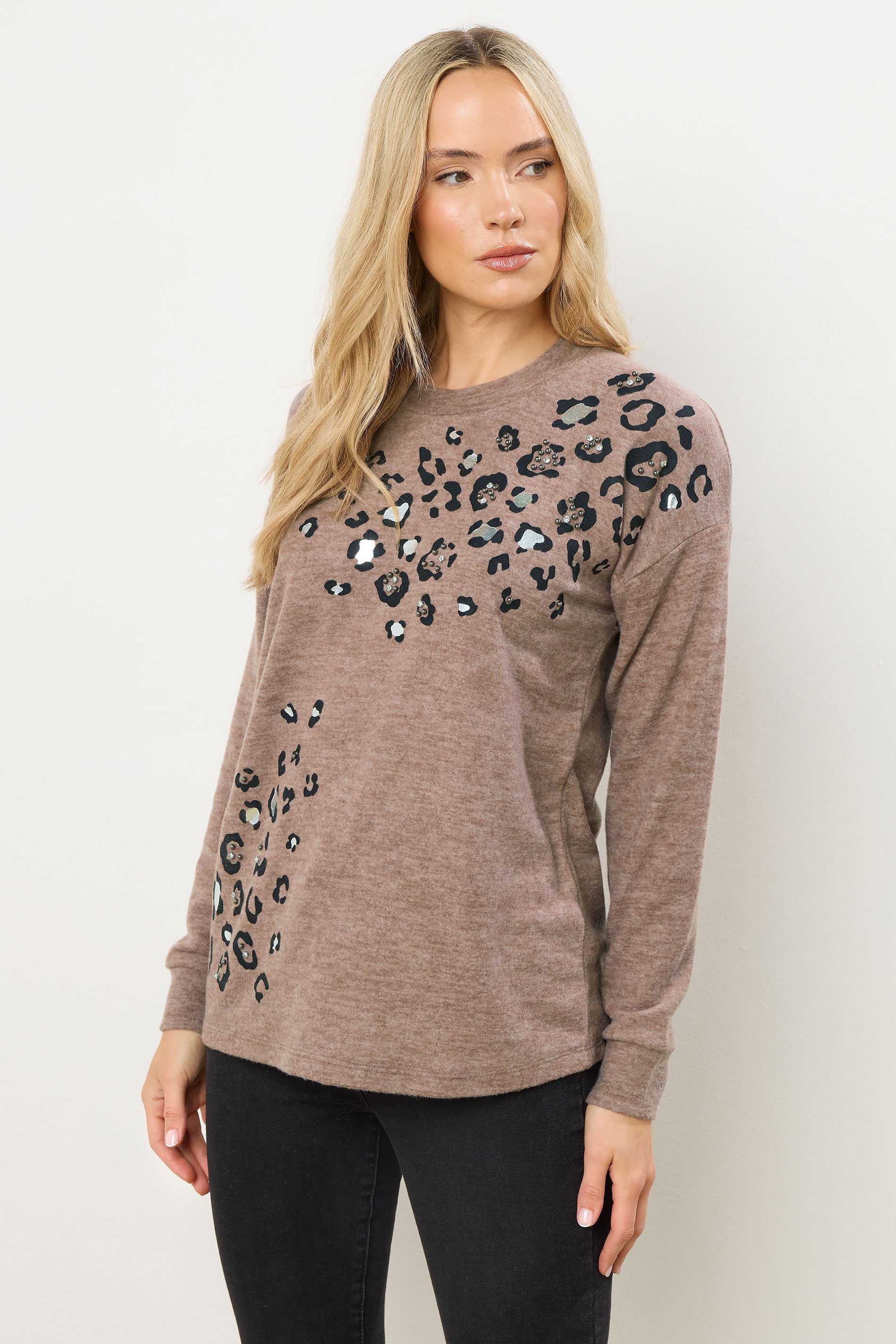 LTS Tall Brown Animal Embellished Jumper | Long Tall Sally 1