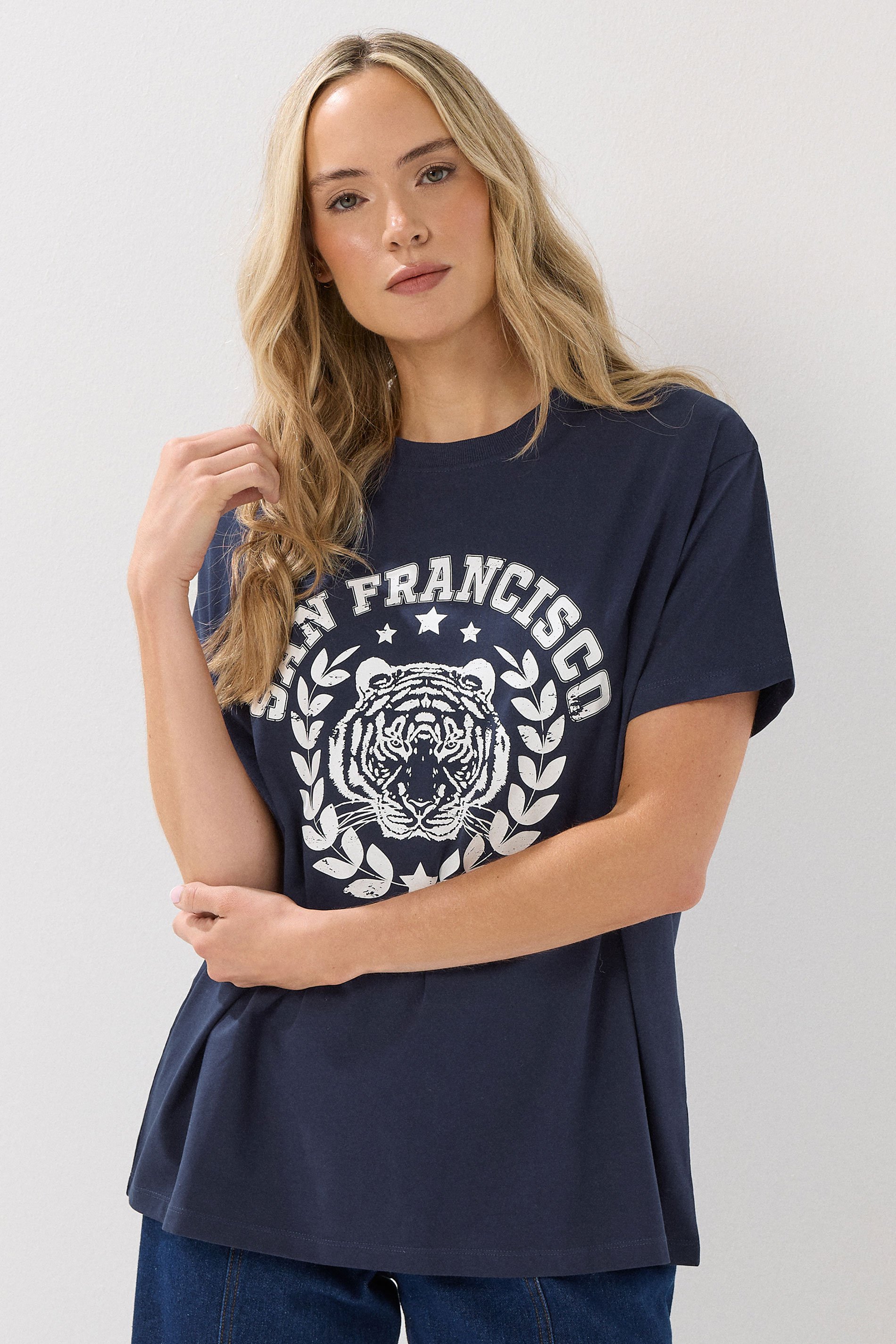 LTS Tall Navy Blue Cotton 'San Francisco' Slogan T-Shirt | Long Tall Sally 1