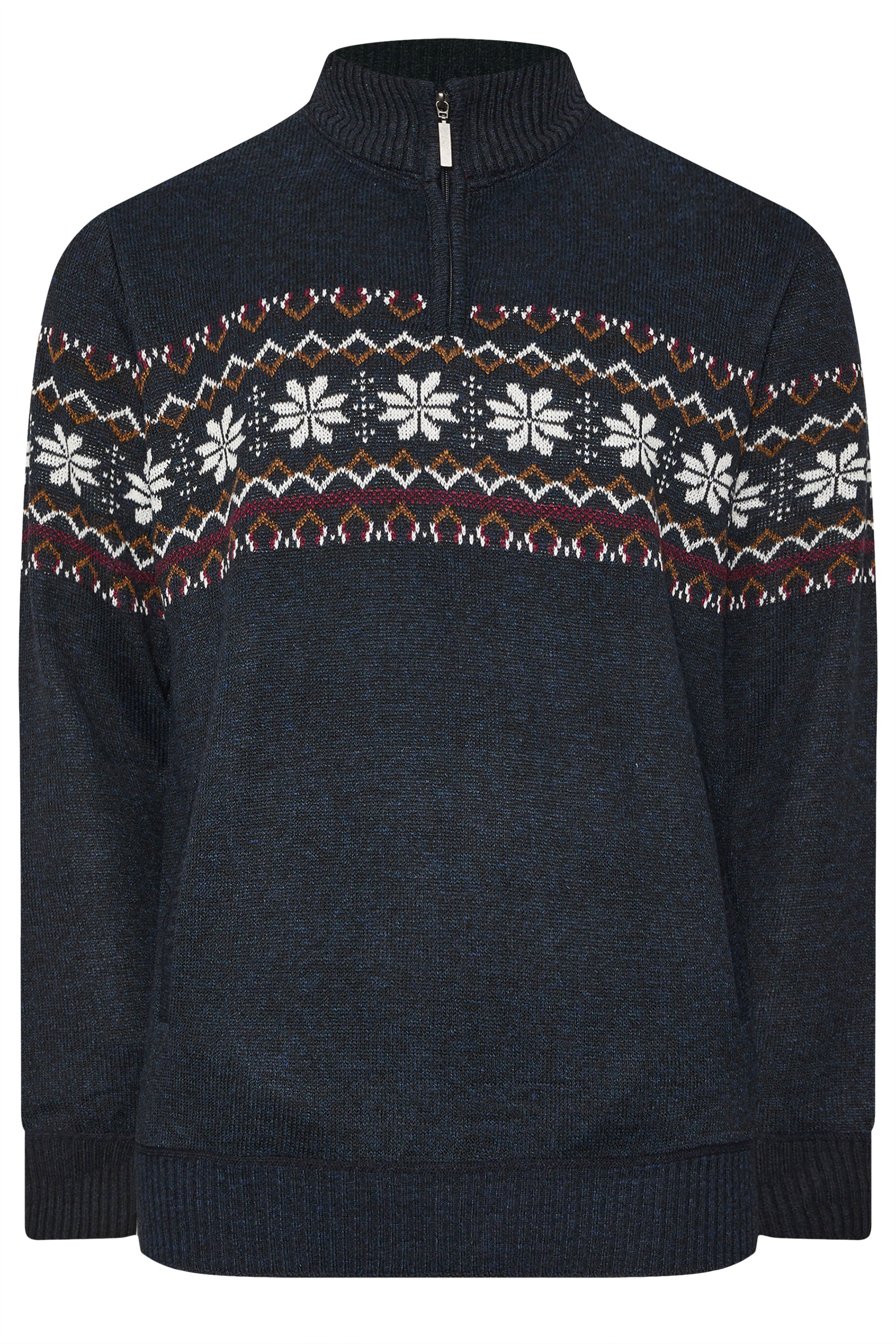 D555 Big & Tall Navy Blue Fairisle Quarter Zip Knitted Jumper | BadRhino 3