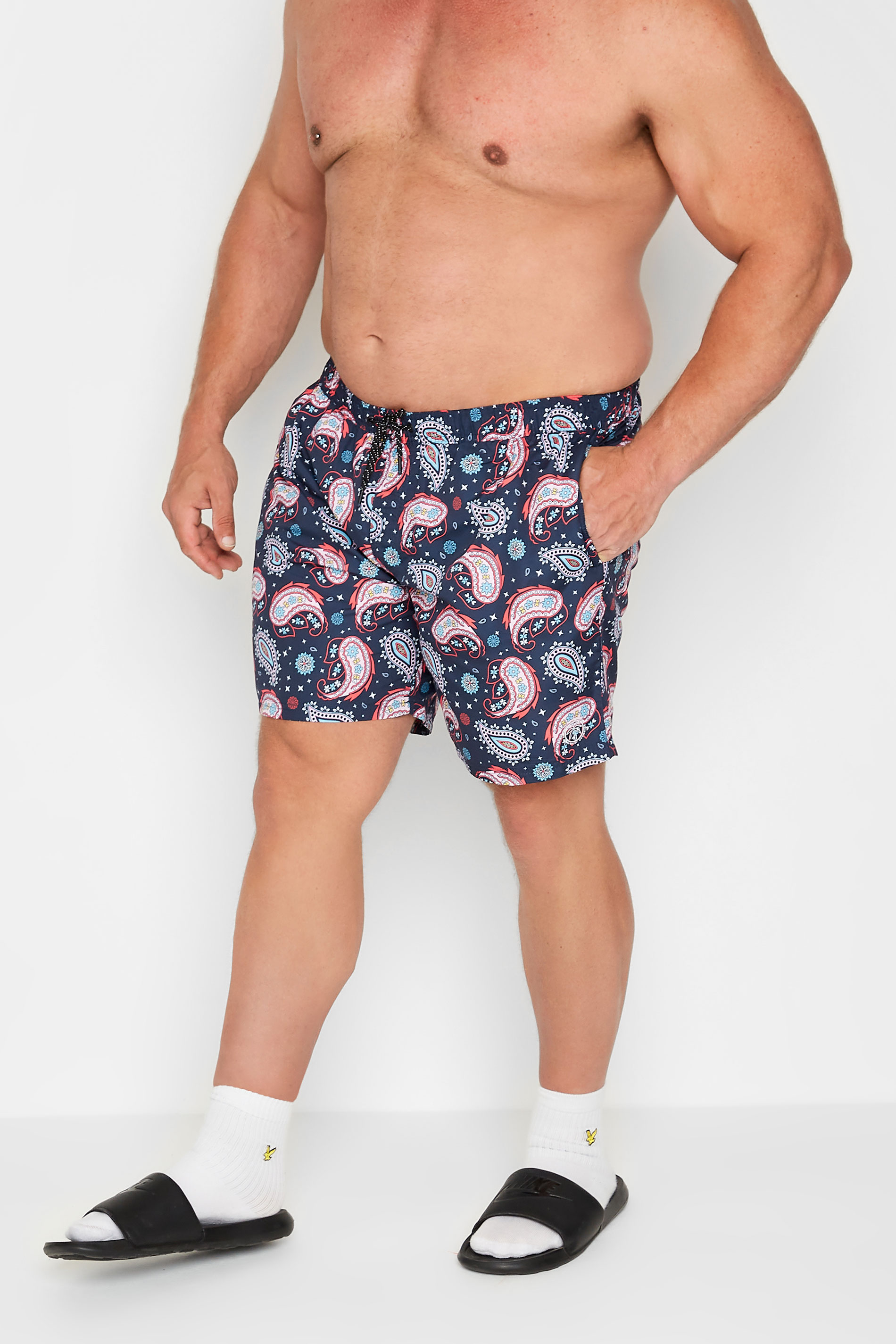 JACK & JONES Big & Tall Navy Blue Paisley Swim Shorts | BadRhino  1